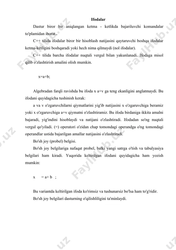 qiymatiga almashtiradi. masalan, x = a+b; ifodasi x operandga a va v o'zgaruvchilarni qiymatlarini qo'shishdan hosil bo'lgan natijani o'zlashtiradi. o'zlashtirish operatoridan chapda joylashgan operand adresli operand yoki l–kiymat (chap-chap so'zidan olingan) deyiladi. o'zlashtirish operatoridan o'ngda joylashgan operand operasion operand yoki r–kiymat deyiladi. o'zgarmaslar faqatgina r–kiymat bo'lishi mumkin va hech qachon adresli operand bo'la olmaydi, chunki dasturning bajarilishi jarayonida o'zgarmas qiymatini o'zgartirib bo'lmaydi. 35 = x // notugri! l–kiymat esa r–kiymat bo'lishi mumkin. matematik operatorlar. c++ tilida 5 ta asosiy matematik operatorlar ko'llaniladi: qo'shish (+), ayirish (-), ko'paytirish (*), butun songa bo'lish (\) va modul bo'yicha bo'lish (%)(qoldiqni olish). ishorasiz butun sonlarni ayirishda, agarda natija manfiy son bo'lsa g'ayrioddiy natija beradi. ayirish natijasida butun sonni to'lib qolishiga misol # include int main() { unsiegned int ayirma unsisgned int kattason = 100; unsigned int kichikson = 50; ayirma = kattason – kichikson; cout int main() { int myage = 39; int yourage …
