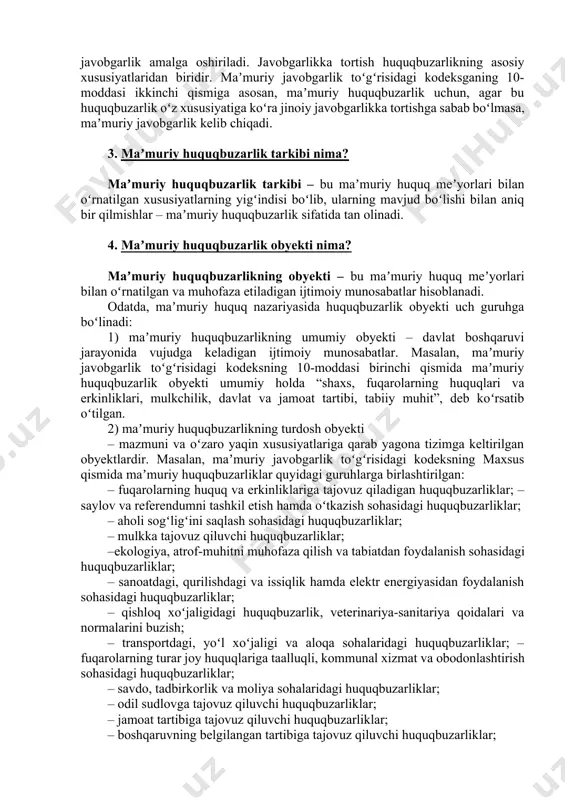 , fuqarolarning huquqlari va erkinliklariga, mulkchilikka, davlat va jamoat tartibiga, tabiiy muhitga tajovuz qiluvchi gʻayrihuquqiy, aybli (qasddan yoki ehtiyotsizlik orqasida) sodir etilgan harakat yoki harakatsizlik tushuniladi. shunday qilib, maʼmuriy huquqbuzarlik deganda qonun hujjatlariga binoan, maʼmuriy javobgarlikka tortish nazarda tutilgan shaxsga, fuqaroning huquqlari va erkinliklariga, mulkchilikka, davlat va jamoat tartibiga, tabiiy muhitga tajovuz qiluvchi gʻayrihuquqiy, aybli (qasddan yoki ehtiyotsizlik orqasida) sodir etilgan harakat yoki harakatsizlik tushuniladi. huquqbuzarlikning barcha xususiyatlari hisobga olinib, shaxsni amaldagi qonunlarga binoan, jinoiy javobgarlikka tortish mumkin emas, deb hisoblangan taqdirda, bu huquqbuzarlikka nisbatan maʼmuriy javobgarlik amalga oshiriladi. javobgarlikka tortish huquqbuzarlikning asosiy xususiyatlaridan biridir. maʼmuriy javobgarlik toʻgʻrisidagi kodeksganing 10-moddasi ikkinchi qismiga asosan, maʼmuriy huquqbuzarlik uchun, agar bu huquqbuzarlik oʻz xususiyatiga koʻra jinoiy javobgarlikka tortishga sabab boʻlmasa, maʼmuriy javobgarlik kelib chiqadi. 3. maʼmuriy huquqbuzarlik tarkibi nima? maʼmuriy huquqbuzarlik tarkibi – bu maʼmuriy huquq meʼyorlari bilan oʻrnatilgan xususiyatlarning yigʻindisi boʻlib, ularning mavjud boʻlishi bilan aniq bir qilmishlar – maʼmuriy huquqbuzarlik sifatida …