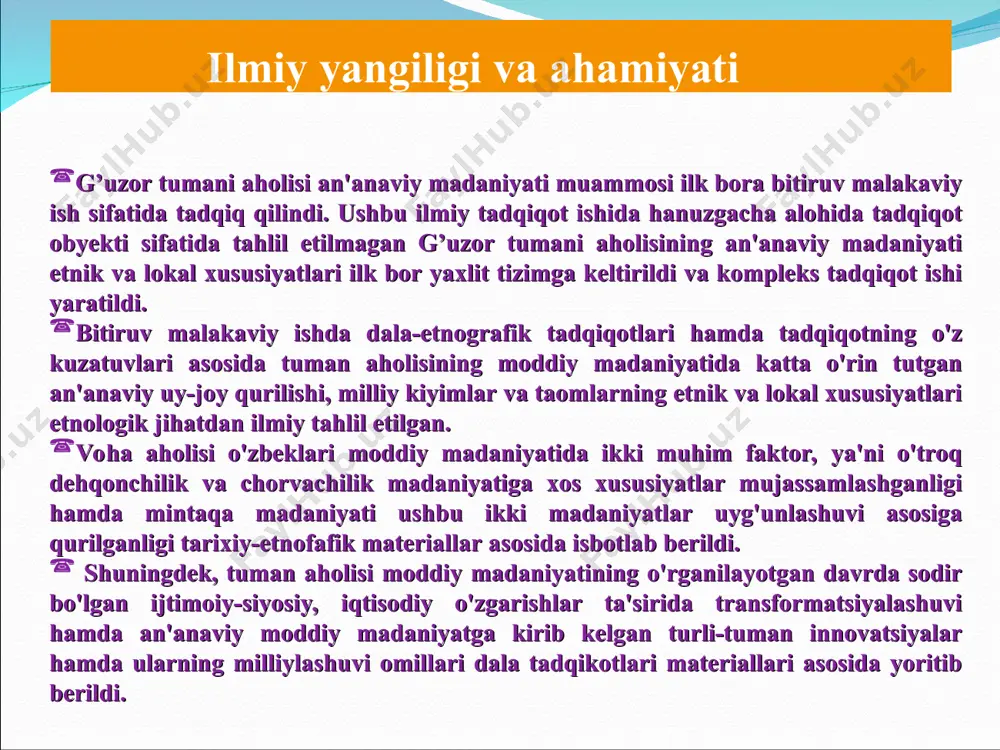 orat bo’lgan. o'zbekistonning mustaqilligi tufayli siyosiy, iqtisodiy, ijtimoiy va ma'naviy hayotning barcha jabhalari qatori o'zbek xalqining moddiy va ma'naviy madaniyatini etnografik materiallar asosida yangicha nuqtai nazardan o'rganish muhim ahamiyat kasb etmoqda. ming yilliklar davomida rivojlanib, jahon xalqlari moddiy va ma'naviy madaniyatida o'ziga xos o'ringa ega bo'lgan sharqona, qolaversa, o'zbekona moddiy va ma'naviy madaniyatning to’la shakllanishiga imkoniyatlar ochildi. xususan, an'anaviy madaniyat va uning etnik funksiyalari xalq moddiy va ma'naviy madaniyatining turli komponentlari - xalq arxitekturasi, kiyim-kechaklari, taomlari hamda ular bilan uzviy bogliqlikda to'y marosimlari, tabiat bilan bog'liq marosimiy an'analarda namoyon bo’ladi xulosa muxtasar qilib aytganda, ushbu bitiruv malakaviy ish natijalari bizga quyidagi asosiy xulosalarni bayon etish imkoniyatini beradi: xix asr oxiri - xx asrda tuman aholisi etnik tarkibi murakkab bo’lib, o'troq va yarim o'troq tarzdagi hayotini saqlab qolgan edi. moddiy va ma'naviy madaniyat xususiyatlari izchil ko’rsatib berildi; tadqiq qilingan davrda guzor tumani aholisi turar-joylarida yarim o'troq aholi ijtimoiy turmushida lochik, kapa, …