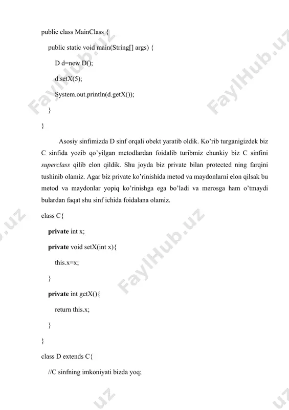 ir marta yaratilgan dastur kodini ko’p marta ishlatish mumkin. bu yangi kodni yaratishga ketadigan vaqtni sezilarli ravish tejashga imkon beradi. · dasturlarni zarur bo’lsa yengil kengaytiriladi va oxirigacha etkaziladi. mazkur holat katta loyihalar tuzushda juda muhim ahamiyatga egadir. shuni aniq aytish kerakkiy agar gap katta va murakkab dasturlash haqida ketsa obektga yo’naltirilgan dastulash konsepsiyasi samarali bo’ladi. sodda dasturlarni yaratish uchu oddiy usullardan foydalangan ma’qulroq. xulosa meros olish extends kalit so’zi orqali amalga oshiriladi.masalan bizda a sinfi bo’lsin: class c{ private int x; public void setx(int x){ this.x=x; } public int getx(){ return this.x; } } endi yangi d sinfini yaratamiz lekin c sinfning barcha imkoniyati d sinfida bo’lishini xoxlaymiz. buning uchun sinfni quyidagicha yaratamiz: class d extends c{ //c sinfning ruxsat qilingan imkoniyati bizda bor; } d sinfidan foidlanganimizda hammasini tushinib olasiz. public class mainclass { public static void main(string[] args) { d d=new d(); d.setx(5); system.out.println(d.getx());}} foydalanilgan adabiyotlar 1. …