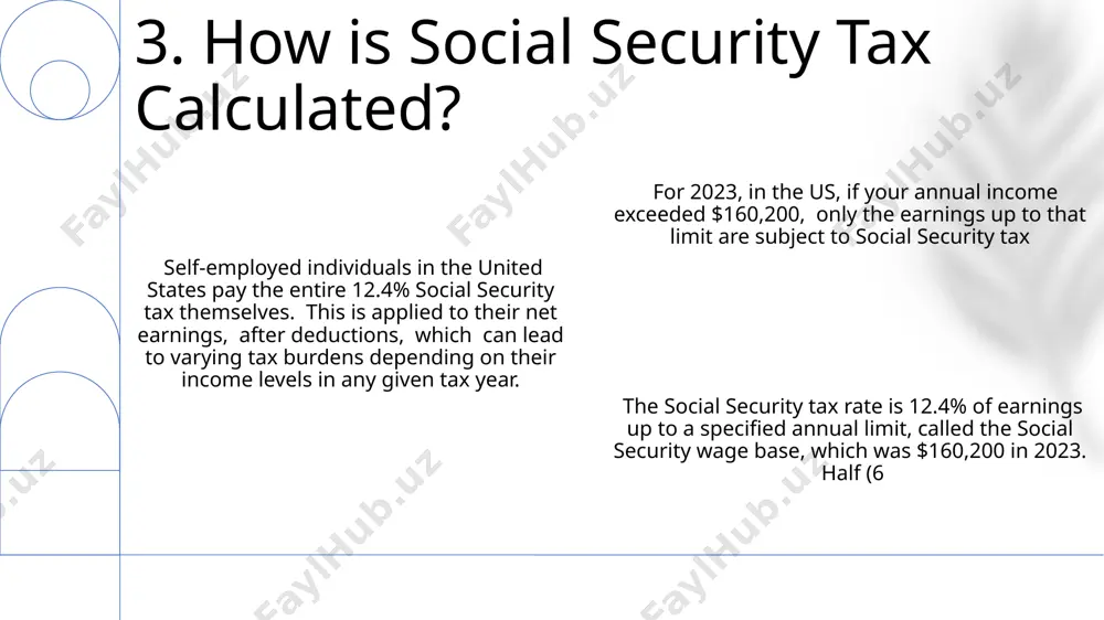 up to the annual wage base limit of $160,200. those earning above this threshold in locations such as new york city did not pay social security taxes on the excess income. self-employed individuals in the united states pay social security taxes at a rate of 15.3%, splitting the employer and employee portions. this differs from the 7.65% rate paid by employees of traditional businesses in states like california. 11. who pays social security tax? social security tax, a 6.2% tax on earnings up to $160,200 in 2023 (with an additional 6.2% paid by employers), funds retirement, disability, and survivor benefits for millions of americans nationwide. the social security administration (ssa), headquartered in baltimore, maryland, uses the collected social security tax revenue to disburse approximately $1 trillion annually in benefits across all 50 states and u.s. territories. self-employed individuals in the united states pay both the employee and employer portions of …