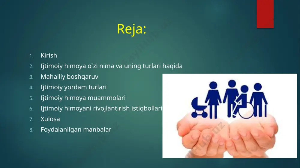 ekologiya va tabiatni muhofaza qilish vaziri sifatida. siyosiy yo'nalishlari uning siyosiy dasturi davomida ijtimoiy-iqtisodiy rivojlanish, qishloq xo'jaligini modernizatsiya qilish va ijtimoiy infratuzilmani yaxshilashga e'tibor qaratilgan. serdar berdimuhammedov, shuningdek, xalqaro aloqalarni kengaytirish va davlatni modernizatsiya qilishni maqsad qilgan. o'ziga xoslik turkmaniston prezidentligi an'anaviy ravishda kuchli bir rahbarlikni talab qiladi. serdar berdimuhammedovning siyosati ko'pincha avvalgi prezidentning siyosiy kursini davom ettiradi, lekin u zamonaviy texnologiyalarni joriy qilishga va yosh avlodni qo'llab-quvvatlashga alohida e'tibor qaratmoqda. ijtimoiy himoya o`zi nima va uning turlari haqida ijtimoiy himoya — bu davlat yoki jamiyat tomonidan taqdim etiladigan xizmatlar va yordamlar tizimidir, u muayyan guruhlar yoki shaxslarning ijtimoiy, iqtisodiy va sog'liq masalalarida himoya qilinishini ta'minlaydi. bu tizim asosan zaif, himoyaga muhtoj bo'lgan guruhlarga, masalan, keksalar, nogironlar, kam ta'minlangan oilalar va ish bilan ta'minlanmagan shaxslarga qaratilgan. ijtimoiy himoyaning asosiy komponentlari: ijtimoiy yordam: kam ta'minlangan oilalarga yoki shaxslariga moliyaviy yordam, oziq-ovqat, kiyim-kechak kabi resurslar taqdim etish. pensiya tizimi: keksalarga va nogironlarga …