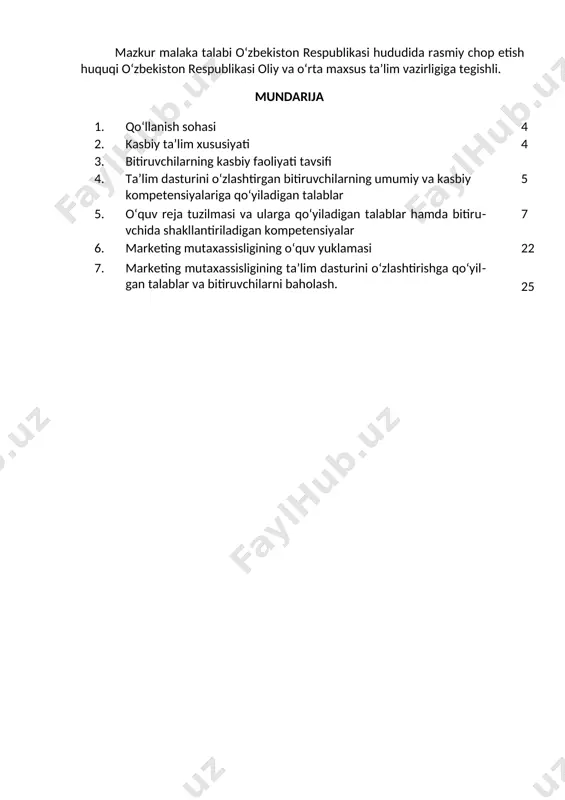 malakaga erish maqsadida oliy ta’lim muassasasida o‘qishni davom ettirishi mumkin. 2.4. o‘qishga qabul shartlari. o‘qishga qabul shartlari amaldagi qonunchilik asosida amalga oshiriladi. 3.bitiruvchilarning kasbiy faoliyati tavsifi 3.1. bitiruvchining kasbiy faoliyat sohasi: ishlab chiqarish va savdo korxonalari faoliyatini marketing tadqiqotlari asosida aholining o‘sib borayotgan real ehtiyojlariga moslashtirish. ishlab chiqarish korxonalari tomonidan taklif qilinayotgan tovarlar to‘g‘risida savdo firmalariga ma’lumotlar taqdim qilish. iste’molchilar talablari asosida ishlab chiqarish korxonalaridan savdo korxonalariga tovarlarni yetkazib berish choralarini ko‘rish. 3.1.bitiruvchining kasbiy faoliyat ob’yektlari: 3.1.1. yetakchi marketolog kvalifikatsiyasi bo‘yicha: ishlab chiqarish korxonalari; xizmat ko‘rsatish shahobchalari; kichik savdo shahobchalari(minimarket, do‘konlar); yirik savdo terminallari(makromarket, korzinka) ; bozorlar; umumiy ovqatlanish shahobchalari; tovar xom-ashyo birjalari. 3.2. 50411201- marketing mutaxassisligi bo‘yicha ta’lim oluvchi quyidagi faoliyat turlariga tayyorlanadi: 3.2.1. yetakchi marketolog kvalifikatsiyasi bo‘yicha: marketingda tovar siyosatini amalga oshirish; tovar va xizmatlarga bo‘lgan talablarni prognoz(bashorat) qilish; tovar va xizmatlarga bo‘lgan real talabni aniqlash; tovar va xizmatlarga narx belgilash jarayonida ishtirok etish; tovar va xizmatlar bo‘yicha …