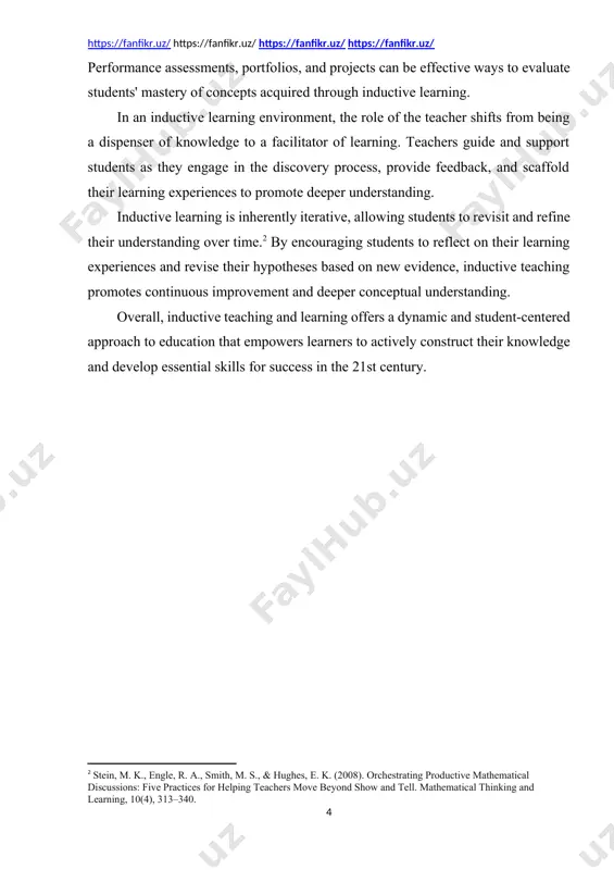 practices for helping teachers move beyond show and tell. mathematical thinking and learning, 10(4), 313–340.] overall, inductive teaching and learning offers a dynamic and student-centered approach to education that empowers learners to actively construct their knowledge and develop essential skills for success in the 21st century. chapter 1 inductive teaching method. 1.1.what is inductive teaching. the inductive teaching method is a student-led approach to teaching. in the inductive approach in teaching, teachers provide learners with examples and allow them to arrive at their own conclusions. discussion and course correction, where necessary, follow this. it’s the opposite of the deductive teaching method, where rules are explained first. (xanax) the inductive teaching method may not be the most time-efficient way of teaching a subject, as students can go down the wrong path. however, in the long run, it’s an excellent way to engage students’ analytical abilities and other cognitive functions. for this …