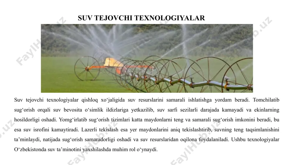 qurilmalari yordamida suv sarfi, sifati va nasos stansiyalarining holati real vaqt rejimida kuzatiladi. bu tizimlar nosozliklarni erta aniqlash, suv yo‘qotishlarni kamaytirish va ta’mirlash ishlarini samarali tashkil etish imkonini beradi. quyosh energiyasi kabi qayta tiklanadigan energiya manbalaridan keng foydalanish rejalashtirilmoqda, bu energiya xarajatlarini kamaytirib, ekologik barqarorlikni ta’minlashga xizmat qiladi. mahalliylashtirish va ishlab chiqarishni rivojlantirish orqali innovatsion texnologiyalarni mahalliy sharoitlarga moslashtirish va ularni arzonroq narxlarda ishlab chiqarish imkoniyati kengaytiriladi.moliyaviy jihatdan davlat tomonidan imtiyozli kreditlar, subsidiyalar va grantlar ajratilib, suv tejovchi va innovatsion texnologiyalarni keng joriy etish uchun qo‘llab-quvvatlash choralari kuchaytiriladi. xalqaro hamkorlik orqali ilg‘or tajribalar o‘rganilib, zamonaviy texnologiyalarni amaliyotga tatbiq etishda qo‘shimcha resurslar jalb qilinadi. kelgusi yillarda suv ta'minoti tizimlarini yanada mustahkamlash, suv resurslarini oqilona boshqarish va ekologik barqarorlikni ta’minlash yo‘lida keng ko‘lamli islohotlar amalga oshirilishi kutilmoqda. bu esa aholining sifatli suv bilan ta’minlanishini yaxshilash, qishloq xo‘jaligi va sanoatda suvdan samarali foydalanishni oshirishga xizmat qiladi. 12 xulosa yangi texnologiyalarni joriy qilish suv …