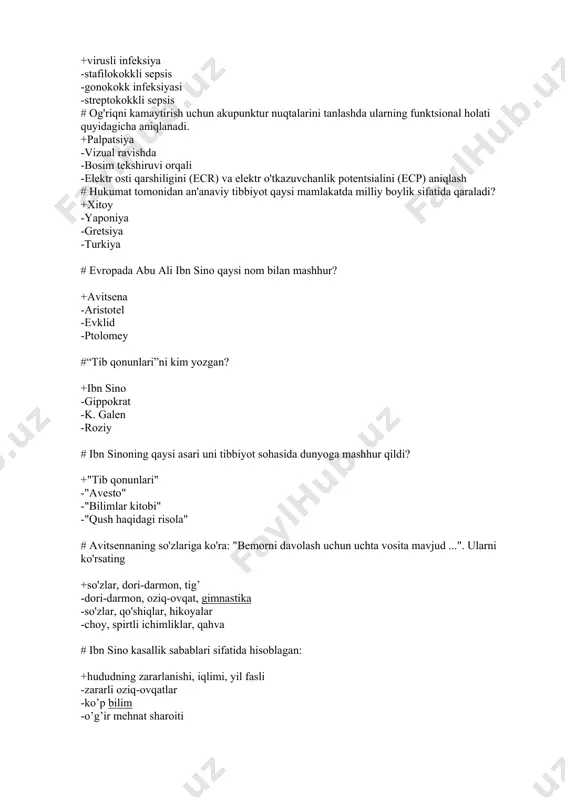 lari”ni kim yozgan? +ibn sino -gippokrat -k. galen -roziy # ibn sinoning qaysi asari uni tibbiyot sohasida dunyoga mashhur qildi? +"tib qonunlari" -"avesto" -"bilimlar kitobi" -"qush haqidagi risola" # avitsennaning so'zlariga ko'ra: "bemorni davolash uchun uchta vosita mavjud ...". ularni ko'rsating +so'zlar, dori-darmon, tig’ -dori-darmon, oziq-ovqat, gimnastika -so'zlar, qo'shiqlar, hikoyalar -choy, spirtli ichimliklar, qahva # ibn sino kasallik sabablari sifatida hisoblagan: +hududning zararlanishi, iqlimi, yil fasli -zararli oziq-ovqatlar -ko’p bilim -o’g’ir mehnat sharoiti # ibn sino homilador ayollar haqida …. +«homilador ayollar keskin harakatlanishdan, zarbdan va yiqilishdan, oziq-ovqat va g’azabga to’lishdan saqlanishlari, ularni hafa qiladigan xabarlarni aytmaslik, homilasining tushishini keltirib chiqaruvchi holatlarni keltirib chiqarmaslik yoki butunlay yo’q qilish kerak» -«homilador ayollar kam gapirishlari, ko’p ovqatlanishlari, raqsga tushmasliklari kerak, bu homila tushushining oldini oladi» -«homilador ayollar homila tushishiga sabab bo’ladigan, odam ko’p to’planadigan joylar, maktab, teatrga bormasliklari kerak» -«homilador ayollar mehmondorchilikga, shahar tashqarisiga chiqishdan o’zlarini tiyishi, kamroq choy iste’mol qilishlari kerak, …