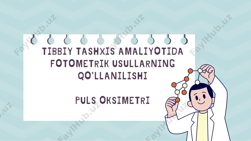lib yuriladi. 4. neonatal puls oksimetrlar: yangi tug'ilgan chaqaloqlar uchun maxsus sensorlar bilan jihozlangan. 01. 02. qo'llanilish sohalari 1. tibbiyotda nafas olish kasalliklari: covid-19, bronxial astma, surunkali obstruktiv o‘pka kasalligi (koah) va o‘pkaning boshqa kasalliklarida gipoksemiyani aniqlash uchun ishlatiladi anesteziologiya va reanimatologiya: operatsiyalar vaqtida kislorod darajasini nazorat qilish uchun ishlatiladi 01. 02. 03. neonatologiya va pediatriya: yangi tug‘ilgan chaqaloqlar va bolalarda gipoksiyani aniqlash uchun muhimdir. kardiologiya: yurak kasalliklari bo'lgan bemorlarda kislorod to'yinganligini kuzatish uchun ishlatiladi. uy sharoitida monitoring: uyda covid-19 yoki koah bo'lgan bemorlar spo₂ ni nazorat qilish uchun foydalanadilar. 03 02 2. sport va jismoniy mashqlar sportchilar jismoniy mashg'ulotlar paytida yoki tog'li hududlarda (balandlikda) kislorod yetishmovchiligini aniqlash uchun puls oksimetrdan foydalanadilar. 3. parvozlar va ekstremal sharoitlar baland tog‘li hududlarda yoki past bosimli muhitda (masalan, samolyotlar) gipoksemiya xavfini nazorat qilish uchun ishlatiladi puls oksimetrning afzalliklari invaziv bo'lmagan: qon olish shart emas tezkor natija: bir necha soniya ichida spo₂ va puls …