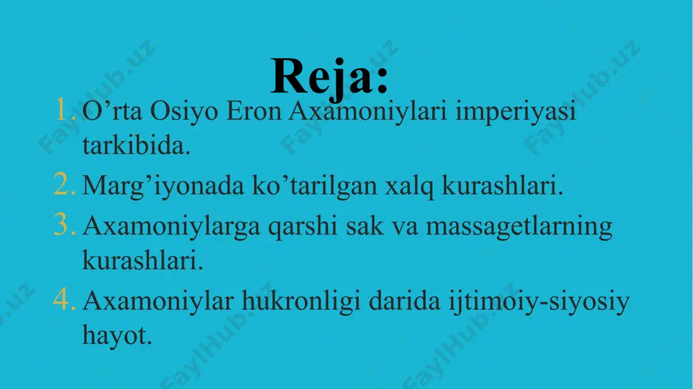 da axamoniylar saroydagi qarama-qarshiliklar natijasida o’rta osiyo xalqlar ham axamoniylar hukmronligiga qarshi kurash boshlaganlar. bu haqda doro 1 behistunda yozib qoldirgan. parfiya, marg’iyona, saklar ozodlik uchun kurashganlar. marg’iyonada frada ismli odam qo’zg’olonga boshchilik qilingan. unga qarshi doro i baqtrya satrapi dadarshish qarshi yuborgan. ularni 522 yilning 10 dekabrida tor-mor keltirgan (bexistunda “assiyadiya oyining 23 kuni” deb yozilgan). bunda 55 ming odam o’ldirilgan, 7 mingga yaqin odam asirga olingan. parfiya va saklarning qo’zg’olonlari ham shu tariqa bostirilgan. doro i o’zining hukmronligining 3 yilida, (519/518 yillar) saklarga qarshi yurishni boshlaydi. doro i ularni bo’ysundirib, skuxna ismli ularning yo’lboshchisini asir oladi. saklarga esa, boshqa yo’lboshchini tayinlaganligi haqida yozib qoldirilgan. antik avtor polien asarida shiroq haqida afsona saqlangan. persopol yozuvlarida axamoniylar davlati chegarasi haqida ma’lumot bor. “sug’d orqasidagi saklardan, kushagacha”, ya’ni efiopiyagacha borganligi yozilgan. bu sirdaryoning narigi tomonidagi saklar deb izohlanadi. bu o’ratepaning shimoli-g’arbi xududlari hisoblanadi. bu yerda mil.avv. 6-4 asrlarga oid nurtepa yodgorligi …