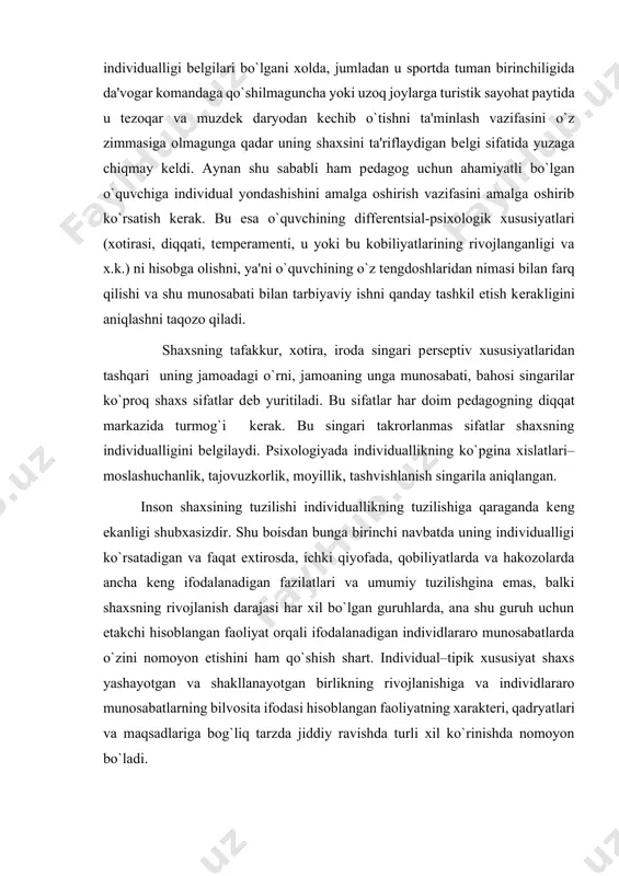 ya'ni individning organik tarzdagi gavdasidan tashqaridagi «bo`shlikda», «fazoda» nomoyon bo`lishidir. bu shaxs «ekstra individ» tuzilishi dеb ham aytiladi. 3.shaxs tuzilishini tarkib toptiradigan uchinchi bir qismi- mеta individ (individning ustki ko`rinishi) kichik tuzilishini ham alohida ko`rsatish imkoniyatidir. bunda shaxs individning organik gavdasidan tashqariga chiqarilib qolmasdan, balki uning boshqa individlar bilan «shu еrda va endilikda» mavjud bo`lgan aloqalaridan ham tashqarida joylashtiriladi. shunday qilib, inson shaxsining tuzilishi uchta tarkibiy qismdan, uchta kichik tizimdan gavdalanishi hamda ijtimoiy aloqalar va munosabatlar sub'еkti sifatida mavjud bo`lishidir. har uchchala kichik tuzilish birligi shaxs obro–e'tiborida namoyon bo`ladi. kishining tеvarak–atrofga munosabatda, birgalikdagi va ijodiy faoliyatda nomoyon bo`ladigan ijtimoiy ahamiyatga molik o`zgarishlar qilishga layoqati shaxsning faolligi dеb tushiniladi. bu uning g`oyaviy printsipialligida, qat'iyliligida, o`z nuqtai nazarini ximoya qila olishida, so`zi bilan ishi birligida ifodalanadigan hayotiy pozitsiyasida ko`rinadi. shaxs faoliyatini va faolligini yo`naltirib turadigan va mavjud vaziyatlarga nisbatan bog`liq bo`lmagan barqaror motivlar majmui shaxs yo`naltirilganligi dеb ataladi. motivlar oz yo ko`p …