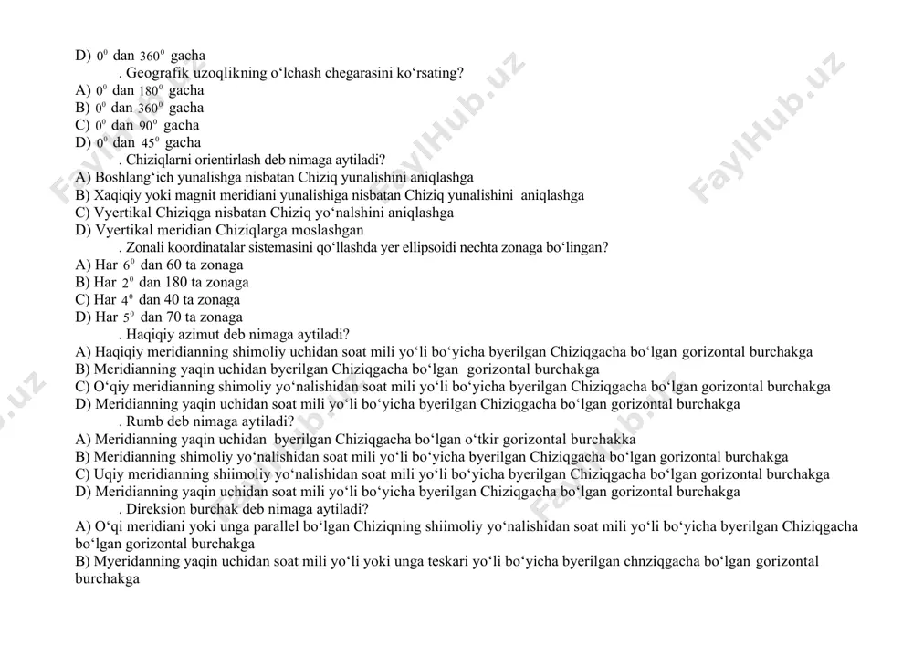 al burchakga . rumb deb nimaga aytiladi? a) meridianning yaqin uchidan byerilgan chiziqgacha bo‘lgan o‘tkir gorizontal burchakka b) meridianning shimoliy yo‘nalishidan soat mili yo‘li bo‘yicha byerilgan chiziqgacha bo‘lgan gorizontal burchakga c) uqiy meridianning shiimoliy yo‘nalishidan soat mili yo‘li bo‘yicha byerilgan chiziqgacha bo‘lgan gorizontal burchakga d) meridianning yaqin uchidan soat mili yo‘li bo‘yicha byerilgan chiziqgacha bo‘lgan gorizontal burchakga . direksion burchak deb nimaga aytiladi? a) o‘qi meridiani yoki unga parallel bo‘lgan chiziqning shiimoliy yo‘nalishidan soat mili yo‘li bo‘yicha byerilgan chiziqgacha bo‘lgan gorizontal burchakga b) myeridanning yaqin uchidan soat mili yo‘li yoki unga teskari yo‘li bo‘yicha byerilgan chnziqgacha bo‘lgan gorizontal burchakga c) meridianning shimoliy yo‘nalishidan soat mili yo‘li bo‘yicha byerilgan chiziqgacha bo‘lgan gorizontal burchakga d) meridianning yaqin uchidan soat mili yo‘li bo‘yicha byerilgan chiziqgacha bo‘lgan gorizontal burchakga . azimut va rumblar orasidagi noto‘g‘ri bog‘lanishini ko‘rsating? a) = -a b) = -a c) = -a d) = a- . azimut a= bo‘lsa. rumb …