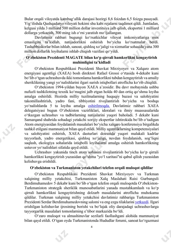 ko‘rsatma berdi. eksportchilarga barcha qulayliklarni yaratish, bandlikka ko‘maklashib, ishsizlikni kamaytirish zarurligi ta’kidlandi. hokimlar va boshqa mutasaddilarning bu boradagi mas’uliyatini oshirish shartligi belgilandi. qashqadaryoda oziq-ovqat xavfsizligi va investitsiya imkoniyatlari keng prezident shavkat mirziyoyev 4 dekabr kuni qashqadaryo viloyatida oziq-ovqat xavfsizligini ta’minlash, investitsiyalarni ko‘paytirish, kambag‘allikni qisqartirish chora-tadbirlari yuzasidan yig‘ilish o‘tkazdi. sanoat, energetika, qishloq xo‘jaligi, turizm kabi barcha yetakchi sohalar bo‘yicha qashqadaryoning salohiyati yuqori. yil boshidan buyon viloyatda 2 milliard dollar investitsiya o‘zlashtirilgan. 565 ming nafar aholining bandligi ta’minlanib, 90 ming odam kambag‘allikdan chiqarilgan. yil yakunigacha yalpi hududiy mahsulot 6 foizdan ziyod o‘sishi, eksport 555 million dollarga yetishi kutilmoqda. viloyat salohiyati to‘la ishga solinsa, natijalar bundan ancha ko‘p bo‘ladi. yig‘ilishda shu boradagi qo‘shimcha imkoniyatlar, yangi loyihalar ko‘rib chiqildi. avvalo, oziq-ovqat xavfsizligi masalasi ustuvor bo‘ladi. keyingi yildan qashqadaryo kartoshka, meva, parranda go‘shti va tuxum bo‘yicha o‘zini o‘zi to‘liq ta’minlashga o‘tadi. bu borada xorijiy investorlar ishtirokida 16 ta yirik loyiha shakllantirilgan. misol uchun, g‘uzor, qamashi, …