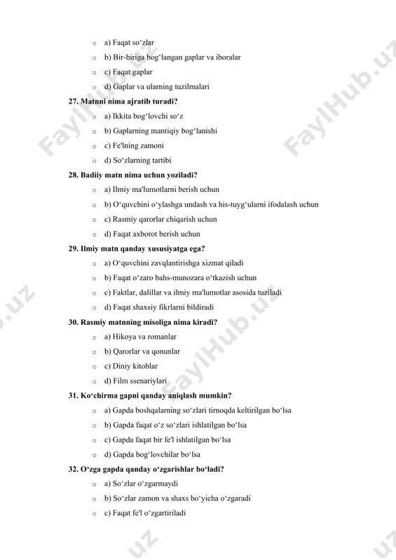 d) boshqa gaplar 40. "uydan chiqdi, uyga qaytdi" gapida qanday bog‘lovchi ishlatilgan? · a) "shuning uchun" · b) "lekin" · c) hech qanday bog‘lovchi ishlatilmagan · d) "agar" 41. so‘z gap nima? · a) bir yoki bir nechta so‘zdan iborat, to‘liq ma'no anglatadigan gap · b) ikkita mustaqil bo‘lakdan iborat bo‘lgan gap · c) katta gap · d) faqat fe'l bilan tuzilgan gap 42. so‘z gapda qanday tuzilma mavjud? · a) sub'ekt va predikat · b) faqat fe'l · c) faqat so‘zlar · d) sub'ekt, predikat va to‘ldiruvchi 43. so‘z gaplarning xususiyati nima? · a) ikkita mustaqil bo‘lakdan iborat · b) to‘liq ma'no anglatadi, lekin grammatik jihatdan sodda · c) faqat birinchi bo‘lakdan iborat · d) bir nechta grammatik qismni o‘z ichiga oladi 44. "keling" gapidagi predikat nima? · a) "keling" · b) "boring" · c) "tushun" · d) "eshiting" 45. so‘z gapga qanday misol keltirish mumkin? · a) "men …