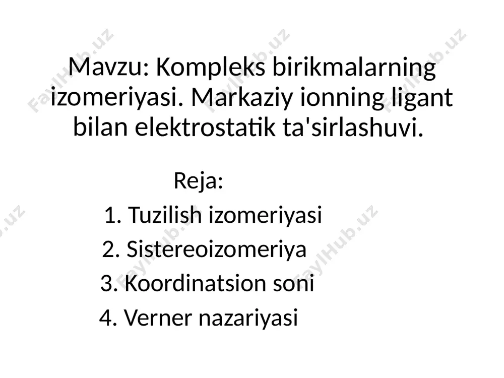 tmasi bariy ioni bilan cho‘kma bermaydi. ^ gidrat izomeriy. bir xil tarkibga ega bo‘lib, o‘z tarkibidagi suv molekulalarining joylanishi bilan bir – biridan farqlanadigan moddalar gidrat izomerlar deb ataladi. masalan, xrom (iii) – xloridning geksagidrati crcl3 · 6h2o uch modifikatsiyada uchraydi. ulardan birinchisining suvdagi eritmasi och – binafsha rangli ; agar bu eritmaga kumush nitrat qo‘shsak, koordinatsion birikma tarkibidagi xlorning hammasi kumush ioni bilan bog‘langan holda cho‘kmaga tushadi; eritmaning molekulyar elektr o‘tkazuvchanligi 4 ta ionga parchalanadigan elektrolit eritmasining molekulyar elektr o‘tkazuvchanligiga yaqin keladi. demak, xlor ionlari koordinatsion birikmaning tashqi sferasiga joylashib, suv molekulalari ichki sferani band qiladi; uning formulasi [cr (h2o)6 cl3. ikkinchi tuzning suvdagi eritmasi yashil rangli, unga agno3 qo‘shsak, barcha xlor ionlarining faqat uchdan bir qismi kumush xlorid holida cho‘kadi. demak, uning tashqi sferasida 1 xlor ioni va 2 molekula suv bo‘ladi, ya’ni [cr (n2o)4 cl2] cl2 · 2h2o. uchinchi izomer ham yashil rangli eritma hosil qiladi. uning …