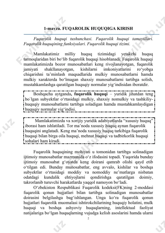 alga oshirish tartibini belgilaydi, shartnoma majburiyatlari va o‘zga majburiyatlarni, shuningdek, boshqa mulkiy hamda u bilan bog‘liq shaxsiy nomulkiy munosabatlarni tartibga soladi. bundan ko‘rinib turibdiki, bunday munosabatlarning asosiy qismini mulkiy munosabatlar tashkil qiladi. fuqarolik huquqiy munosabatlar quyidagi munosabatlarni tartibga soladi: 1) fuqarolik muomalasi ishtirokchilari (fuqarolar, yuridik shaxslar, davlat)ning huquqiy holatini vujudga kelish asoslari hamda ularni amalga oshirish bilan bog‘liq munosabatlar. fuqaroning huquq va muomala layoqati mazmuni, yuridik shaxslarni tashkil etish va boshqarish tartibi, davlatning fuqarolik huquqiy munosabatda ishtirok etishining o‘ziga xos xususiyatlari; 2) mulk huquqi va boshqa ashyoviy huquqlarni vujudga kelish asoslari hamda ularni amalga oshirish bilan bog‘liq munosabatlar; 3) intellektual faoliyat natijalariga bo‘lgan huquqlar, ularni amalga oshirish bilan bog‘liq munosabatlar; 4) shartnoma majburiyatlari bilan bog‘liq munosabatlar; 5) boshqa majburiyatlar bilan bog‘liq munosabatlar; 6) boshqa mulkiy hamda shaxsiy nomulkiy munosabatlar. fuqarolik huquqi tamoyillari. fkning 1-moddasida fuqarolik qonun hujjatlarining asosiy negizlari belgilab qo‘yilgan. asosiy negizlar yoki boshqacha aytganda, fuqarolik huquqining asosiy tamoyillari …