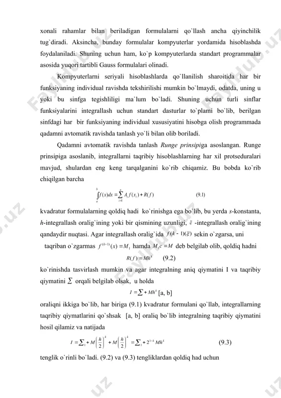 qanday kvadratur formula qo`llanila berilsa, katta xatolarga duch kelinishi mumkin. agar tugunlar nomuvofiq joylashgan bo`lsa, u holda kvadratur formula bema`ni natijaga olib keladi. 5-rasm masalan, 5-rasmda tasvirlangan y=f(x) funksiyani integrallash uchun teng uzoklikda joylashgan а = х0, хх, х2, х3, х4 = b tugunlarni olib besh nuqtali nyuton-kotes formulasidan foydalansak kvadratur yig`indining qiymati musbat chiqadi. ko`rinib turibdiki, integralning qiymati manfiy chiqishi kerak. ikkinchi misol, aytaylik ixtiyoriy formula bilan f(x) = n[(x – х1)...(х – хn)]2 funksiyani integrallamoqchi bo`lsak, ko`rinib turibdiki, n yetarlicha katta bo`lganda integralning qiymati yetarlicha katta bo`lib, kvadratur yig`indi esa nolga teng. funksiya xossalarini o`rganish yana shu tomondan ham muhimki, agar funksiyaning silliqligi yuqori bo`lmasa, u holda qoldiq hadida yuqori tartibli hosilalar qatnashadigan formulalarni qo`llash ma`noga ega emas. bunday holda 7-§ da ko`rsatilganidek soddaroq kvadratur formulalardan foydalanish ma`quldir. funksiya tekshirilgandan keyin integrallash xossalari oralig`ini maqbul ravishda qismlarga bo`lib, qar bir qism uchun o`ziga xos kvadratur formulasini qo`llash ma`quldir. …
