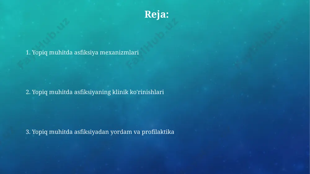 o'lim holatlarini o'z ichiga olgan 2022 yilda samarqanddagi voqea misol bo'la oladi. toksik gazlar, masalan, uglerod monoksidi (co) yoki metan (ch4), masalan, qashqadaryo viloyatidagi ko'mir konlarida keng tarqalgan bo'lib, nafas olish tizimini zaharlab, asfiksiya mexanizmini qo'zg'atadi. klinik ko'rinishlar va alomatlar yopiq muhitda asfiksiya belgilari, masalan, karbon monoksit zaharlanishi bilan birga bo'lganda, 15-20 minut ichida ko'z qorachig'ining kengayishi, teri rangining o'zgarishi (pushtidan kulranggacha) va mushaklarning spazmlari bilan ifodalanadi. yopiq muhitda asfiksiya bilan og'rigan bemorlarda nafas olish tezligi daqiqada 30 dan 60 gacha yoki undan ham yuqori bo'lishi mumkin, shuningdek, ko'krak qafasi og'rig'i va tsianoz (teri va shilliq pardalarning ko'karishi) kuzatiladi, ayniqsa, og'iz atrofi va tirnoqlarda. diagnostika usullari ko'pgina hollarda, 30 yoshdan oshgan bemorlarda yurak ritmining buzilishi va ekg natijalarida st segmenti o'zgarishlari kuzatiladi, bu esa yopiq muhitdagi asfiksiyaning og'ir shakllarini aniqlashga yordam beradi. yopiq muhitda asfiksiya tashxisini qo'yishda qonning arterial qon gazlari tahlili muhim ahamiyatga ega bo'lib, u kislorod miqdorining 60 …
