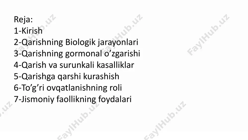 giya darajasining pasayishiga olib kelishi mumkin. insulin rezistentligining rivojlanishi insulin rezistentligi qandli diabet va boshqa metabolik kasalliklarga olib kelishi mumkin. u qarish bilan bog'liq. metabolik o'zgarishlar yoshga qarab, metabolizm sekinlashadi, bu esa vazn ortishiga va boshqa sog'liq muammolariga olib kelishi mumkin. gormonal o'zgarishlar qarish jarayonida muhim rol o'ynaydi. gormonal darajalarning pasayishi, insulin rezistentligining rivojlanishi va metabolik o'zgarishlar organizmning qarishiga ta'sir qiladi. ushbu o'zgarishlarni boshqarish sog'lom qarishga yordam berishi mumkin. 5 qarish va surunkali kasalliklar yurak-qon tomir kasalliklari saraton altsgeymer kasalligi qandli diabet qarish surunkali kasalliklar xavfini oshiradi. yurak-qon tomir kasalliklari, saraton, altsgeymer kasalligi va qandli diabet keksalarda keng tarqalgan. sog'lom turmush tarzi va to'g'ri parvarish bu kasalliklarning oldini olishga yordam beradi. surunkali kasalliklar qarish jarayonini tezlashtirishi va hayot sifatini yomonlashtirishi mumkin. ularning oldini olish va boshqarish sog'lom qarish uchun juda muhimdir. 6 qarishga qarshi kurashish: umumiy tavsiyalar 1 sog'lom turmush tarzi to'g'ri ovqatlanish, jismoniy faollik va yetarli uyqu qarishga qarshi …