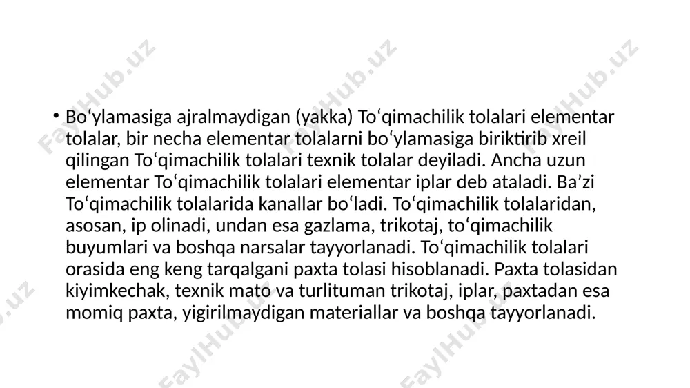 zun, tarmoqsiz yoki kam tarmoklangan, makromolekula hosil qiluvchi polimerlar ishlatiladi. bu tolalar yetarlicha katta molekulyar massaga ega boʻlib, eritilganda va qizdirilganda parchalanmasdan suyuqlanadi. kimyoviy tolalarni ishlab chiqarish jarayoni: yigiriladigan eritmalar tayyorlash; tola olish va tolaga shakl berish; tolani pardozlashdan iborat. kimyoviy tolalar arzonligi va sifati (mexaniq xossalari: mustahkamligi, elastikligi, yeyilishi, kirishimligi) tabiiy tolalarga nisbatan yaxshi boʻlgani uchun tobora koʻp ishlab chiqariladi. 1990-yilda butun dunyoda tayyorlangan tabiiy tolalarga nisbatan 1,5 barobar koʻp miqdorda (26 mln. t ga yaqin) kimyoviy tolalarishlab chiqarilgan boʻlsa, 2000-yilda tabiiy tolalarga nisbatan 2,5 barobar koʻp miqdorda (45—50 mln.t) kimyoviy tolalar ishlab chiqarildi. kimyoviy tolalar turli sohalarda tabiiy ipak, zigʻir tolasi, jun oʻrnida, gazmollar, trikotaj, qoʻlqop va paypoqlar, gilamlar, arqonlar, maxsus ish kiyimlari ishlab chiqarishda tabiiy tolalar bilan birga ishlatiladi /docprops/thumbnail.jpeg