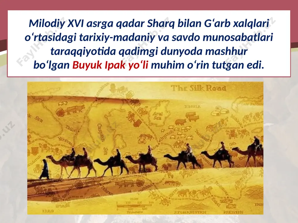 1. jahonning ko‘plab mamlakatlarini bog‘lab turuvchi karvon yo‘llari tarmog‘ini birinchi bo‘lib kim «ipak yo‘li» deb atadi? 2. buyuk ipak yo’lining uzunligi qancha? 3. o’zbekistonning qaysi shaharlari buyuk ipak yo‘lida joylashgan 4. yozuvsiz xaritada buyuk ipak yo’lining o’zbekiston hududidagi tarmoqlarini belgilang. 5. savdogarlar buyuk ipak yo’li bo’ylab qaysi mamlakatlardan nimalarni keltirishgan? 6. buyuk ipak yo’li jahon mamlakatlari va ayniqsa, o’rta osiyo tarixida qanday ahamiyat kasb etgan? image2.jpg image3.jpeg image4.jpeg image5.jpeg image6.jpeg image7.jpeg image8.jpeg image9.jpeg image10.jpeg image11.jpeg image12.jpeg image13.jpeg image14.jpeg image15.jpeg image1.jpg
