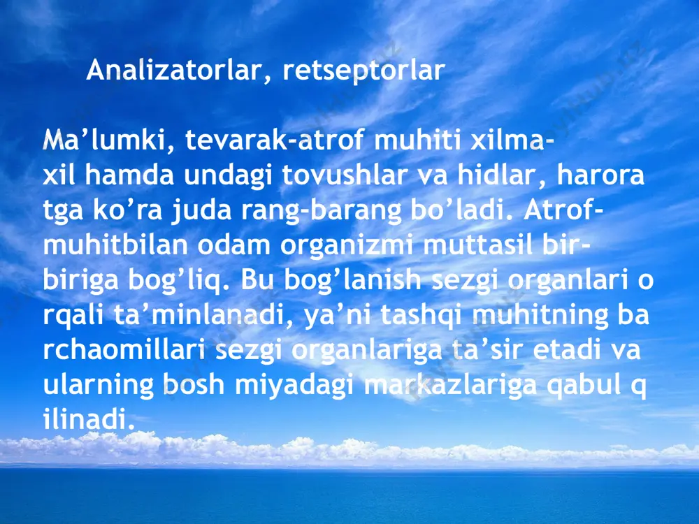 pardasi; 5-ko’zning oldingi bo’shlig’i (suyuqlik bilan to’lgan); 6-ko’zqorachig’i; 7-ko’z gavhari; 8-gavharni o’rab turuvchi kipriksimon muskul; 9-shishasimon tana; 10-ko’zningto’rpardasi; 11-ko’rish nervi. ko’rish o’tkirligi. ko’rish o’tkirligi ikkita buyum bir-biriga qo’shilibketmasdan, alohida-alohida ko’rinishi uchun zarur bo’lgan ular orasidagi eng kichikmasofa bilan belgilanadi. ko’rish o’tkirligi normal bo’lgan odam 60 sekund burchakhosil qilib joylashgan ikkita nuqtani yaqqol aniqlay oladi. ko’rish o’tkirligi maxsusgolovin jadvali yordamida aniqlanadi. aniqlash usuli laboratoriya mashg’ulotida berilgan. ko’zning ko’rish maydoni. ko’zni harakatlantirmay turganda atrofdagi buyumlarni, ularningrangini ko’ra olish xususiyati. ko’rish organi funksiyasining buzilishi. yaqindan ko’rish (miopiya) holati tug’ma va hayotdaorttirilgan bo’ladi. uzoqdan ko’rish (gipermetropiya) holati, asosan, tug’ma bo’ladi, ammo keksalardako’z gavhari do’ngligining kamayishi tufayli ham yuzaga kelishi mumkin. ko’rish gigiyenasi. ko’rish qobiliyati me’yorida saqlanishi uchun quyidagi gigiyenik qoidalarga rioya qilish lozim: - yorug’likning yetarli (100 - 150 luks) bo’lishi; - yorug’likning chap tomondan tushishi; - kitob, daftar, tikish va rasm chizish buyumlarining ko’zdan o’rtacha 40 sm masofada tutish (har bir odamning ikki …