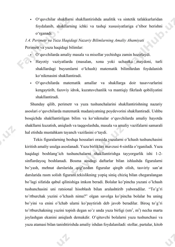zunlik, massa, sig’im). to’g’ri chiziq kesmasi uzunlikka ega to’g’ri to’rtburchak, uchburchak, doira, bayroqcha esa yuzaga ega. yuzalarni o’lchash uchun katakchalarga bo’lingan paletkadan foydalanamiz. agar paletkaning har bir katagi tomoni 1 sm dan bo’lgan kvadrat bo’lsa, yoki 4 ta daftar katakchasini o’z ichiga olsa, uni 1 kvadrat santimetr deyiladi. (18 rasm). o’quvchilar bilan frontal ish tashkil etiladi. ularga orqa tomonlari katakchalarga bo’lingan quyidagi shakllar tarqatiladi topshiriq. paletka yordamida (18 rasmdagi) quyidagi figuralar yuzalarini o’lchang. ustma-ust tushadigan figuralar teng figuralar, ustma-ust tushmaydigan figuralar (yuzalari teng) tengdosh figuralar deyiladi yuqoridagi i va ii varianlardagi 1-figuralar teng , 2-figuralar tengdosh, 3-figuralar teng ham emas, tengdosh ham emas. so’ngra kvadrat detsimetr bilan tanishtiriladi. buning uchun 10x10 (kvadrat santimetr) li taxtachadan foydalanamiz, u 100 ta 1 kv – sm li kataklarga ega. uning tomonlari 10 sm =1 dan bo’lgani uchun uni 1 kvadrat detsimetr deyiladi. 1 dm 2 10 · 10 = 100 sm2 kvadrat metr …