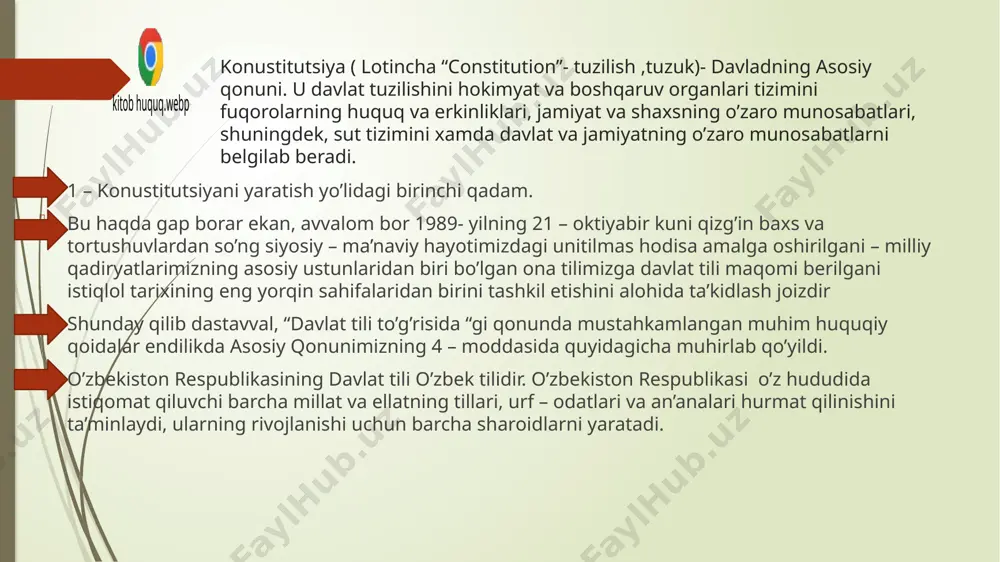 moiy – iqtisodiy, siyosiy, davlat – huquqiy va ma’naviy – ma’rifiy jihattan rivojlantirishning pishib yetilgan muommolarini hal qilish, jumladan, bo’lajak mustaqil yurt konustitutsiyani yaratish kabi tarixiy vazifalarni yuklagan edi. konustitutsiyani yaratish yo’lidagi beshinchi huquqiy beshinchi qadam – birinchi prezidentimizning hindistonga 1991 – yilgi tashrifi. aytish kerakki, birinchi prezidentimiz islom karimovning 1991 – yil 17 -19 – avgust kunlari “hindiston respublikasiga rasmiy tashrifi o’zbekiston prezidentining xorijga qilgan birinchi mustaqil – tarixiy tashrif edi. “yurtboshimiz hindistonga bo’lgan bir paytda – 19 – avgust kuni o’zini “ davlat favqulotta holat qo’mitasi “ya’ni gkchp dep atgan bir guruh siyosiy avantyuristlarning davlat to’ntarishini sodir etishga qaratilgan murojaat e’lon qilindi. afsuski, ozbekiston rahbarining safarda ekanidan foydalanib gkchpning noqonuniy qaroelarni qo’llab quvvatlaydigan rahbarlar yurtimizda topildi. islom karimov aeraportdan to’g’ri hukumat binosiga kelib, kechqurun hukumat a’zolari bilan uchrashdi hamda o’zbekiston ssr hududida gkchpning qonunga zid qarorlarini bekor qilish haqida ko’rsatma berdi. shu tariqa gkchp gumashtalari o’zbekiston hukumati nomidan …