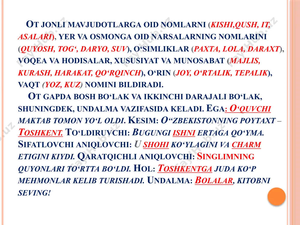 birlik va ko‘plik shaklga ega. otlarning -lar qo‘shimchasini olgan shakli ko‘plik shakli, -lar qo‘shimchasini olmagan shakli esa birlik shakli hisoblanadi. masalan: qalam (birlik) – qalamlar (ko‘plik). otlarning birlik shakli predmetning yakkaligini ifodalaydi, u maxsus ko‘rsatkichga ega emas. otlarning ko‘plik shakli predmetning birdan ortiqligini ifodalab keladi va quyidagi usullar bilan yasaladi: morfologik usul - asosga -lar qo‘shimchasini qo‘shish orqali yasalgan shakl: bolalar, qushlar, daraxtlar, bo‘rilar; leksik usul - otdan oldin miqdor bildiruvchi ayrim so‘zlar yoki sonlarni keltirish orqali yasaladigan shakl – ikkita daftar, ancha odam, ko‘p kitob; leksik-morfologik usul – bunda ikkala usul aralash ifodalanadi: ko`p bolalar qatnashishdi. semantik usul – ma’noviy ko‘plikni anglatuvchi otlarda ifodalanadi: aholi, armiya. -lar qo‘shimchasi grammatik va uslubiy ma’nolarni ifodalash xususiyatiga ega: -lar qo‘shimchasi ismlarga qo‘shilib, ko‘plik ma’nosini ifodalaydi. bu - grammatik ma’no: uylar, odamlar, baliqlar, daftarlar. -lar qo‘shimchasining faqat birlikda qo‘llanuvchi otlarga qo‘shilib, ko‘plikdan tashqari anglatgan ma’nolari uslubiy ma’nolari hisoblanadi. -lar qo‘shimchasining uslubiy ma’nolari: - …