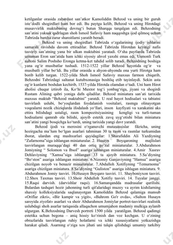 temuriylar sulolasining so‘nggi qudratli vakili sulton husayn boyqaro vafot etadi. shundan keyin shahzodalar hirot saltanatini halokat yoqasiga olib keladilar. 1507-yilda ko‘chmanchi o‘zbek qabilalarining xoni shayboniyxon hirot taxtini osonlik ila ishg‘ol etadi. bunday beayov to‘qnashuvlar toju-taxt uchun uzluksiz qonli ur-yiqitlar sharoitida ham kamoliddin behzod hirotda qolib, o‘zining ijodiy faoliyatini davom ettiradi. behzod 3 yilcha hirotda shayboniyxon saltanatiga qarashli saroyda ish olib borarkan, behzod san’ati oldida lol qolgan shayboniyxon uning ijodiy ishlariga to‘sqinlik qilmaydi, aksincha bu ulug‘ miniaturasozga ishlashi uchun qulay sharoit yaratib beradi. behzod shayboniyxonning tasvirini aynan o‘sha yillari chizgan bo‘lishi kerak. 1510-yilda shayboniylar lashkari bilan erondagi kuchayib borayotgan safaviylar lashkari o‘rtasida marv yonidagi tohirobod degan joyda shiddatli jang bo‘ladi. jang maydonida shayboniyxon qo‘shnilari tor-mol etiladi. shunday qilib, 1510-yilda hirot safaviylar qaramog‘iga o‘tadi. shoh ismoil safaviy 1512-yilda hirotdagi bir-nechta iste’dodli san’atkorlarni saltanat poytaxti tabrizga olib keladi. hirotdan tabrizga olib ketilganlar orasida zabardast san’atkor kamoliddin behzod va uning bir guruh iste’dodli shogirdlari …