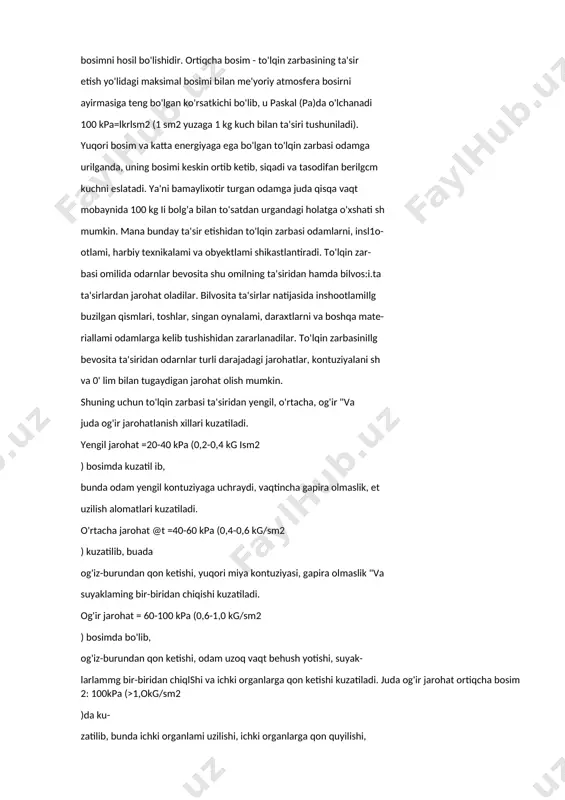 lan ta'siri tushuniladi). yuqori bosim va katta energiyaga ega bo'lgan to'lqin zarbasi odamga urilganda, uning bosimi keskin ortib ketib, siqadi va tasodifan berilgcm kuchni eslatadi. ya'ni bamaylixotir turgan odamga juda qisqa vaqt mobaynida 100 kg ii bolg'a bilan to'satdan urgandagi holatga o'xshati sh mumkin. mana bunday ta'sir etishidan to'lqin zarbasi odamlarni, insl1o- otlami, harbiy texnikalami va obyektlami shikastlantiradi. to'lqin zar- basi omilida odarnlar bevosita shu omilning ta'siridan hamda bilvos:i.ta ta'sirlardan jarohat oladilar. bilvosita ta'sirlar natijasida inshootlamiilg buzilgan qismlari, toshlar, singan oynalami, daraxtlarni va boshqa mate- riallami odamlarga kelib tushishidan zararlanadilar. to'lqin zarbasiniilg bevosita ta'siridan odarnlar turli darajadagi jarohatlar, kontuziyalani sh va 0' lim bilan tugaydigan jarohat olish mumkin. shuning uchun to'lqin zarbasi ta'siridan yengil, o'rtacha, og'ir "va juda og'ir jarohatlanish xillari kuzatiladi. yengil jarohat =20-40 kpa (0,2-0,4 kg ism2 ) bosimda kuzatil ib, bunda odam yengil kontuziyaga uchraydi, vaqtincha gapira olmaslik, et uzilish alomatlari kuzatiladi. o'rtacha jarohat @t =40-60 kpa …