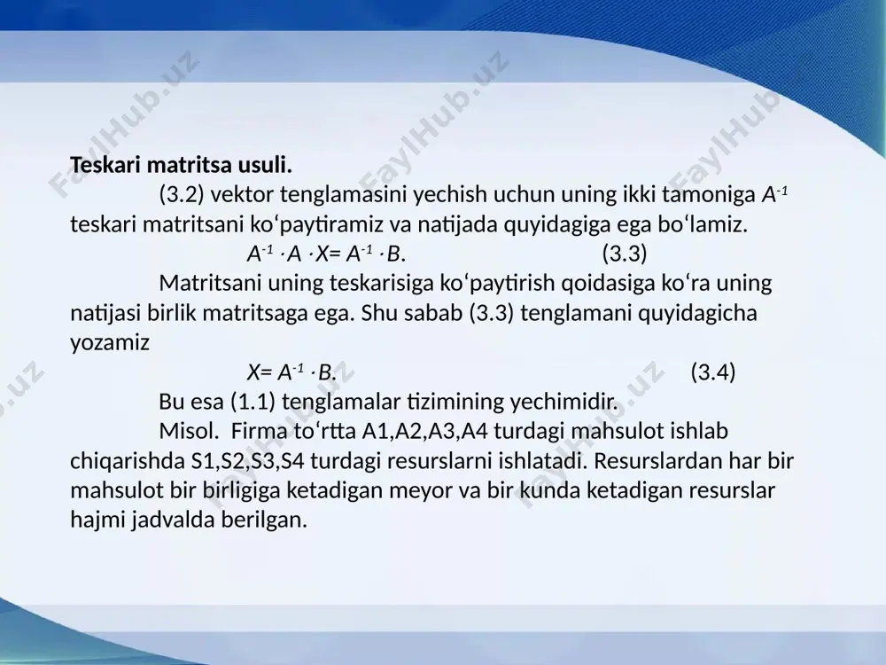 l qiladi. demak, n=2 bo‘lganda mumkin bo‘lgan yechimlar to‘plami ko‘pburchakning nuqtalaridan iborat bo‘ladi. 3.1 rasm 3.2 rasm tengsizliklarning har biri chiziqlar bilan chegaralangan yarim tekisliklarni ifodalaydi. chiziqli funksiya ham ma'lum bir o‘zgarmas qiymatda to‘g‘ri chiziqni ifodalaydi c1x1+c2x2=const. berilgan tengsizliklarning grafiklarini x1ox2 tekislikda quramiz va mumkin bo‘lgan yechimlar sohasini aniqlaymiz (3.10 rasm). soha grafigida shtrixlangan joyni aniqlaydi. chunki bu joy hamma tengsizliklarni qanoatlantiruvchi sohadir. mumkin bo‘lgan yechimlar sohasidan optimal yechimni aniqlaymiz. aniqlash uchun (0,0) nuqtadan o‘tuvchi n=(2,-5) vektorini yasaymiz va uning yo‘nalishini aniqlaymiz. (0,0) nuqtada bu vektorga n perpindikulyarini o‘tkazamiz va uni vektor yo‘nalishi bo‘yicha siljitamiz. soha bilan perpindikulyarning oxirgi kesishish nuqtasi z funksiyasiga maksimal qiymat beruvchi nuqtadir. bu nuqta (3,0) bo‘lib uning koordinatasi x1=3, x2=0 masalaning yechimi bo‘ladi. grafikdan ko‘rinib turibdiki z funksiyaga minumum qiymat beruvchi nuqta esa (0,3). simpleks jadval usuli simpleks usuli chiziqli dasturlash masalasini yechishning asosiy usullaridan biri bo‘lib, ketma-ket yaqinlashish usuli yordamida x1,x2, . . .xn …