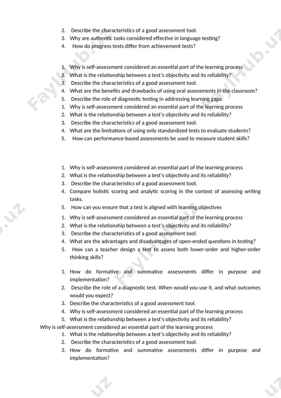 g skills? how does peer assessment help in improving student performance? what are its potential challenges? 1. what does it mean for a test to have validity? describe the different types of validity with examples. 2. how would you construct a rubric for evaluating an essay? include key components 3. what are the advantages and disadvantages of open-ended questions in testing? 4. how can a teacher design a test to assess both lower-order and higher-order thinking skill 1. what are the advantages and disadvantages of placement tests in education 2. what is the relationship between a test’s objectivity and its reliability? 3. describe the characteristics of a good assessment tool. 4. explain the significance of using pilot testing before finalizing an assessment. 5. how would you balance the use of subjective and objective items in 6. why is self-assessment considered an essential part of the learning process 1. what is …