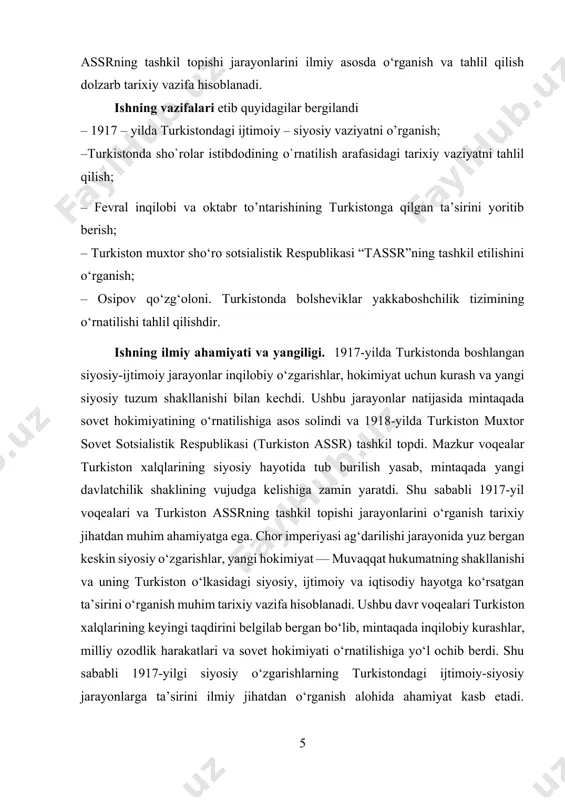 ldi: bir tomonda knyaz lvov boshchiligidagi burjua-pomeshchiklar vakillaridan iborat muvaqqat hukumat, ikkinchi tomonda esa ishchi va dehqonlarning demokratik diktaturasini ifodalovchi ishchi, dehqon va askarlar deputatlari sovetlari faoliyati boshlanadi. sovetlar ishini mensheviklar, kadetlar va eserlar boshqardilar. rossiyada qariyb uch asr davomida hukmronlik qilgan romanovlar sulolasining ag‘darilishi mamlakatning siyosiy-ijtimoiy, iqtisodiy va ma’naviy hayotiga katta o‘zgarishlar olib kirdi. inqilob g‘alabasi rossiya xalqi tomonidan katta quvonch va mamnuniyat bilan kutib olindi, chunki uning asosiy shiorlari erkinlik, tenglik va birodarlik tamoyillariga asoslangan edi. fevral inqilobi rossiyadagi barcha mehnatkash va ezilgan xalqlarga ozodlik sari yo‘l ochib berdi, millatlarning o‘z taqdirini belgilash huquqini ta’minladi, vijdon erkinligini e’lon qildi hamda mahalliy boshqaruv organlarini umumiy, bevosita, teng va maxfiy ovoz berish yo‘li bilan saylash tizimini joriy etdi. muvaqqat hukumat mahalliy xalqlar vakillarini front ortidagi majburiy mardikorlikdan ozod qilganligi bilan barcha millatlar, irqlar va ijtimoiy tabaqalar manfaatlariga mos keluvchi qarorlarni qabul qildi[footnoteref:1]. [1: бобобеков х., раҳимов ж., содиқов ҳ. ўзбекистон …