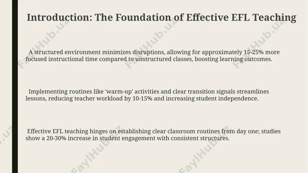 ful and organized learning environment, improving student participation by at least 10% and reducing teacher stress. established routines, like a consistent 5-step lesson structure (introduction, vocabulary, practice, production, review), significantly reduce classroom disruptions by providing predictable learning sequences and minimizing student uncertainty, increasing engagement by up to 20%. implementing clear procedures for tasks such as submitting assignments (e.g., using designated boxes) and transitions between activities (e.g., a 3-minute countdown timer) streamlines workflow, saving approximately 15% of valuable lesson time and enhancing productivity. managing common challenges and disruptions minimizing disruptions from late arrivals or absences necessitates clear procedures: a designated 'late entry' spot, pre-prepared catch-up activities, and a system for communicating missed work using learning management systems (lms) or email. addressing off-task behavior requires a tiered system: verbal reminders (1st), proximity control (2nd), and finally, pre-determined consequences (3rd), consistently applied to maintain classroom equilibrium and student respect for established routines. managing …