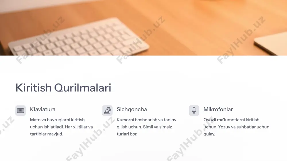 shlatiladi. gps, grafik planshet, midi klaviatura va 3d printerlar. 8 qurilmalarni tanlash mezonlari 5 texnik xususiyatlar 4 mos kelish 3 narx 4 brend qurilmalarni tanlashda texnik xususiyatlar, mos kelish darajasi, narx va sifat nisbati muhim. ishlab chiqaruvchi brendning obro'si ham ahamiyatli. 9 xulosa tashqi qurilmalar texnologik ekosistemaning muhim qismidir. har bir qurilmaning o'ziga xos vazifasi bor. texnologik taraqqiyot va qurilmalarning rivojlanishi davom etadi. 10 image1.png image2.png image3.png image4.png image5.png image6.png image7.png image8.png image9.png image10.png image11.png image12.png image13.png image14.png image15.png image16.png image17.png image18.png image19.png image20.png image21.png image22.png image23.png image24.png image25.png