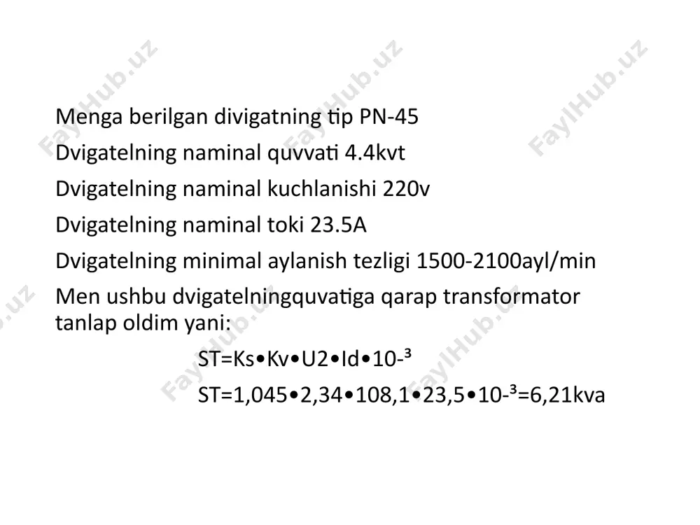 chirgichning tanlash shartlar uaa01=440v>uc=220v-shart bajarild iaa01=50a>id=23,5a shart bajarild iee=50ea>iid=3,54ea shart bajarild