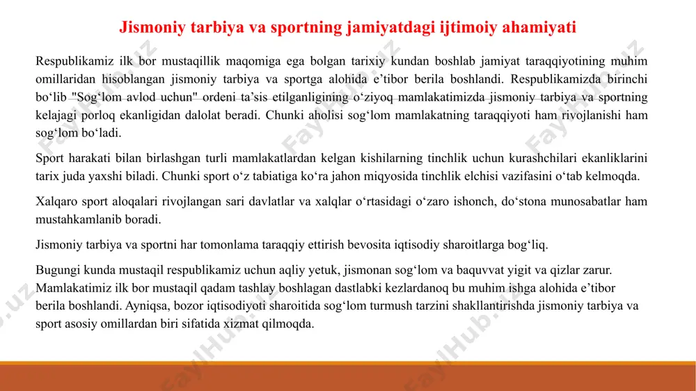 i ta’siri bilan bir qatorda "mushaklar quvonchi hissiyotini" ro‘yobga chiqaradi, sog‘lom dam olishni tashkil etishda muhim o‘rin egallaydi, shaxsning o‘zligini anglashda qudratli vosita vazifasini bajaradi. sport har doim o‘zining ommaviyligi bilan odamlar e’tiborini jalb qilib kelgan. sport tadbirlariga tomoshabinlarni jalb etishda hozirgi zamon axborot vositalarining xizmati katta. shuning uchun ham yuqori, ko‘rsatkichli sport ommaviy sportning yuqori pog‘onasi bo‘lib, hamisha ijtimoiy hodisalardan hisoblanib kelgan. tadqiqotchilar ma’lumotiga ko‘ra, respublikamiz aholisining 10 %dan ortig‘i sport musobaqalarini tomosha qilish uchun bevosita sport mashg‘ulotlari o‘tkaziladigan sport inshootlariga boradilar, 80 %ga yaqini esa sport ko‘rsatuvlarini televizorda tomosha qilishadi. xullas sport faqat jismoniy kamolot vositasi bo‘libgina qolmay, balki u ma’lum darajada o‘ziga xos san’at vazifasini ham o‘taydi. jismoniy tarbiya va sportning jamiyatdagi ijtimoiy ahamiyati mehnatni ilmiy asosda tashkil qilish tizimida jismoniy tarbiyaning maqsad va vazifalari o‘zbekiston mustaqillikka erishgan kundan boshlab hozirgi zamon iqtisodiyotiga o‘tish davrida korxona, zavod va tashkilotlarni birin-ketin kompyuter bilan jihozlab kelayotgan bir paytda ishchilar, …
