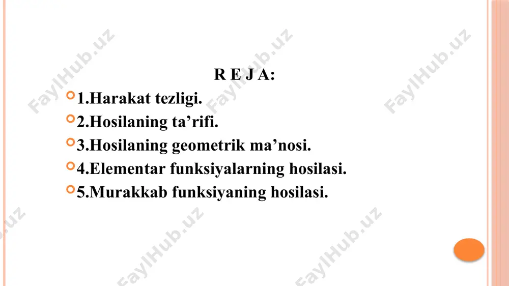un kichik vaqt oralig’ini olish kerak. nuqta harakatining t momentdagi tezligini dagi o’rtacha tezlikning intilgan limiti to’la xarakterlaydi. bu limit harakatning berilgan momentdagi tezligi deyiladi: (3) shunday qilib, vaqt orttirmasi nolga intilgan holda yo’l orttirmasi ning vaqt orttirmasi ga nisbatining limiti harakatning berilgan momentdagi tezligi deyiladi. biz (3) tenglikni yoyilgan shaklda yozamiz. masofaning orttirmasi bo’lgani uchun buning o’zi notekis harakatning tezligi bo’ladi. shunday qilib, notekis harakat tezligi tushunchasi limit tushunchasi bilan uzviy ravishda bog’langanligini ko’ramiz. faqat limit tushunchasi yordami bilan notekis harakat tezligini topish mumkin. hosilaning ta’rifi biror oraliqda aniqlangan (1) funksiyaga х argumentning shu oraliqdagi har bir qiymatida funksiya ma’lum qiymatga ega. argument х biror (musbat yoki manfiy) orttirmani olsin. u vaqtda у funksiya biror y orttirmani oladi. shunday qilib: argumentning х qiymatida ga, argumentning qiymatida ga ega bo’lamiz.funksiyaning orttirmasi ni topamiz: funksiya orttirmasining argument orttirmasiga nisbatini tuzamiz: . bu nisbatning dagi limitini topamiz. agar bu limit mavjud bo’lsa, …