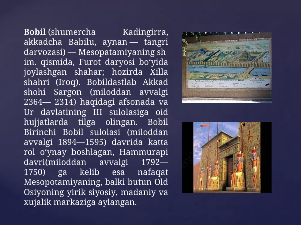 erishishgan, bu yutuqlar albatta sof amaliy tarzda boʻlgan. miloddan avvalgi 2-ming yillikdan boshlab jez tayyorlashning koʻplab reseptlari saqlanib qolgan, sirkori sopol buyumlar va ularning rangbarang naqshlari maʼlum boʻlgan bobilda geografik tasavvurl a r ni ibtidoiy chizmalar — „dunyo haritasi“da umumlashtirishga harakat qilingan. haritada yer yassi koʻrinishda va uni togʻlardan oqib keluvchi dajla va furot daryolari kesib oʻtgan tarzda tasvirlangan. bularning hammasi dunyo okean bilan oʻralgan va yer ham uning ustida suzib yuradi deb tasavvur qilingan. bobilliklar oʻzlari yashayotgan joyni odamlar yashaydigan quruqlikning markazi deb bilganlar. okean „osmon toʻgʻoni“ bilan oʻralgan, uning ustida bir necha (uchta yoki yegtita) osmon gardishi oʻrnashgan, yer ostida esa jahannam („ulugʻ togʻ“) joylashgan deb oʻylaganlar. lekin savdo ishlari bilan uzoqyaqin mamlakatlarga qatnagan bobillik savdogarlarning geografik tasavvurlari ancha keng boʻlgan (1-ming yillik boshlarida ularga pirenei yarim oroldan hindiston yarim orolgacha boʻlgan yerlar maʼlum edi) oʻsha davrda tibbiyot ham jadal rivojlandi. jarrohlik yoʻli bilan oyoqqoʻllarni kesib tashlash, singan …