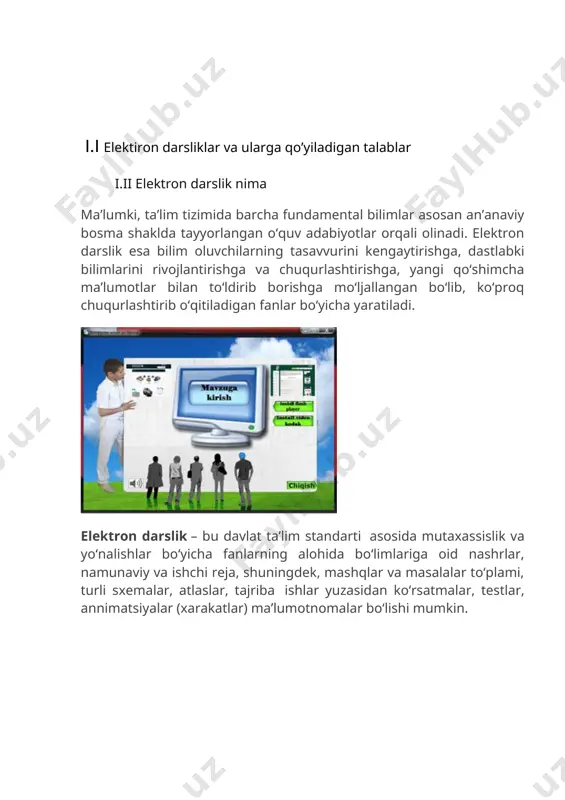xil ma'nolarni kiritishgan. keling, tushunchani shakllantirishga harakat qilaylik. elektron darslik - bu yuqori ilmiy, uslubiy va texnik darajada yaratilgan, oddiy darslikni qisman o'zgartiradigan yoki to'ldiradigan o'quv elektron nashridir. elektron o'quv qo'llanmaning mazmuni ta'lim muassasasida belgilangan tartibda tasdiqlangan o'quv intizomi dasturining talablari va mazmuniga mos kelishi kerak. elektron darslikning bosma hamkasbidan farqlash xususiyatlarini aniq belgilash kerak. ular quyidagichadir: 1. har bir bosma darslik (qog'ozda) o'quvchilarning ma'lum bir tayyorgarligi uchun mo'ljallangan va ta'limning yakuniy bosqichini o'z ichiga oladi. muayyan o'quv faniga oid elektron qo'llanmada bir nechta murakkablik darajasidagi materiallar bo'lishi mumkin. shu bilan birga, bularning barchasi bitta lazer kompakt-diskiga joylashtiriladi, matn uchun rasmlar va animatsiyalar, har bir daraja uchun bilimlarni interfaol rejimda sinab ko'rish uchun ko'p martali vazifalarni o'z ichiga oladi. 2. elektron darslikdagi aniqlik bosilganga qaraganda ancha yuqori. ushbu ustunlikka multimedia texnologiyalari uchun erishiladi: animatsiya, saundtrek, giperhavola, video va boshqalar. elektron darslikda dinamikadagi jismoniy jarayonlar, bevosita kuzatib bo'lmaydigan ob'ektlarning vizual ko'rinishi, …