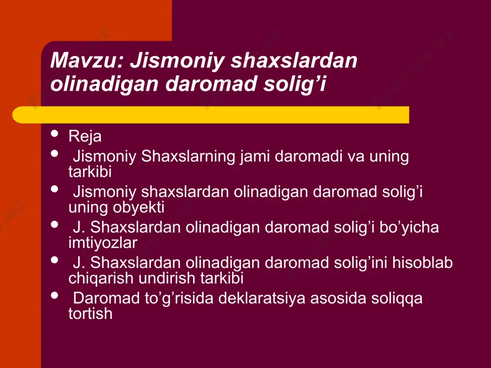 ish munosabatlari soliq kodeksi va boshqa qonun hujjatlarida belgilangan normalar asosida tartibga solinadi. xususan, soliq kodeksining 189-moddasiga muvofiq, o‘zbekiston respublikasi rezidentlarining: mulkiy daromadlari, agar bu daromadlarga to‘lov manbaida soliq solinmasa; fan, adabiyot va san‘at asarlarini yaratganlik hamda ulardan foydalanganlik uchun mualliflik haqi tariqasida olingan daromadlari; asosiy bo‘lmagan ish joyidan olingan moddiy naf tarzidagi daromadlari; ikki yoki undan ko‘p manbadan olingan soliq solinadigan daromadlari; o‘zbekiston respublikasi hududidan tashqaridagi manbalardan olingan daromadlari; hisobga olinayotgan soliq summasi o'zbekiston respublikasida harakatda bo'lgan soliq stavkasida hisoblangan jismonii shaxslarning daromadiga solig'i summasidan oshib ketmasligi kerak. soliq ob'ekti bo'lib, soliq kodeksiga muvofiq belgilanadigan jami yillik daromad hisoblanadi bu erda eng muhim narsa jismoniy shaxsning jami yillik daromadiga qanday daromadlar kirishi, qanday daromadlar kirmasligi va qanday imtiyozlar olish mumkinligi aniq belgilashdir. j. shaxslardan olinadigan daromad solig’i bo’yicha imtiyozlar o'zbekiston respublikasi soliq kodeksi va jismoniy shaxslarning daromadiga soliq bo'yicha qonunchilikka binoan soliq stavkalari quyidagi guruhlarga bo'linadi: jismoniy shaxslarning ish …