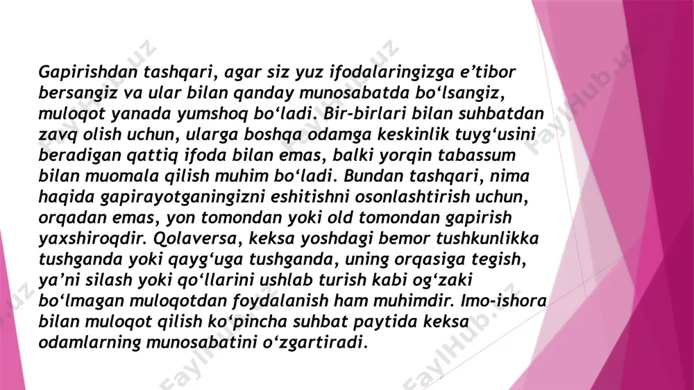 davolash: sirroz og‘irlashib ketgandan so‘ng uni davolash qiyin. yordam beradigan dorilar kam. og‘ir sirrozga uchragan odamlar undan nobud bo‘ladilar. sirrozning birinchi belgilaridayoq quyidagilarni qilish lozim: spirtli ichimliklar iste’mol qilmaslik kerak, ular jigarni zararlaydi iloji boricha yaxshi ovqatlaning: sabzavotlar, mevalar va tarkibida oqsil moddalari bor ovqatlardan iste’mol qilish kerak lekin oqsildan (go‘sht, tuxum, baliq va boshqalar) ko‘p iste’mol qilmang, chunki bu shikastlangan jigarning qattiq ishlashiga olib keladi. agar sirrozi bor odamning qorni shishib ketgan bo‘lsa, u tuzsiz ovqat yeyishi kerak. spironolakton (veroshpiron, spiriks) tabletkalardan ham foydalanish mumkin. vrachingiz bilan maslahatlashing. oldini olish oson: ko’p yoki umuman spirtli ichimlik ichmaslik kerak. xulosa o‘rta yashar va katta yoshdagi odamlarning sog‘lik muammolari yuqori qon bosimi, arteriyalarning dag‘allashuvi(arteroskleroz), yurak kasalliklari, miyaga qon quyilishi kabi muammolar] odatda ularning yoshligida to‘g‘ri turmush maromini buzgan, surishtirmay yeb-ichgan, ichkilik va tamakiga ruju qo‘yganidan kelib chiqadi. 1. yaxshi ovqatlaning - ozuqali moddalari yetarli ovqatlardan iste’mol qiling, ammo ancha og‘ir, yog‘li …