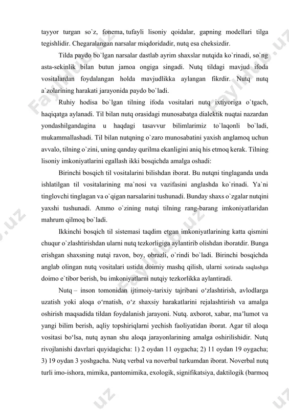 so`z, fonema, tufayli lisoniy qoidalar, gapning modellari tilga tegishlidir. chegaralangan narsalar miqdoridadir, nutq esa cheksizdir. tilda paydo bo`lgan narsalar dastlab ayrim shaxslar nutqida ko`rinadi, so`ng asta-sekinlik bilan butun jamoa ongiga singadi. nutq tildagi mavjud ifoda vositalardan foydalangan holda mavjudlikka aylangan fikrdir. nutq nutq a`zolarining harakati jarayonida paydo bo`ladi. ruhiy hodisa bo`lgan tilning ifoda vositalari nutq ixtiyoriga o`tgach, haqiqatga aylanadi. til bilan nutq orasidagi munosabatga dialektik nuqtai nazardan yondashilgandagina u haqdagi tasavvur bilimlarimiz to`laqonli bo`ladi, mukammallashadi. til bilan nutqning o`zaro munosabatini yaxish anglamoq uchun avvalo, tilning o`zini, uning qanday qurilma ekanligini aniq his etmoq kerak. tilning lisoniy imkoniyatlarini egallash ikki bosqichda amalga oshadi: birinchi bosqich til vositalarini bilishdan iborat. bu nutqni tinglaganda unda ishlatilgan til vositalarining ma`nosi va vazifasini anglashda ko`rinadi. ya`ni tinglovchi tinglagan va o`qigan narsalarini tushunadi. bunday shaxs o`zgalar nutqini yaxshi tushunadi. ammo o`zining nutqi tilning rang-barang imkoniyatlaridan mahrum qilmoq bo`ladi. ikkinchi bosqich til sistemasi taqdim etgan imkoniyatlarining katta …