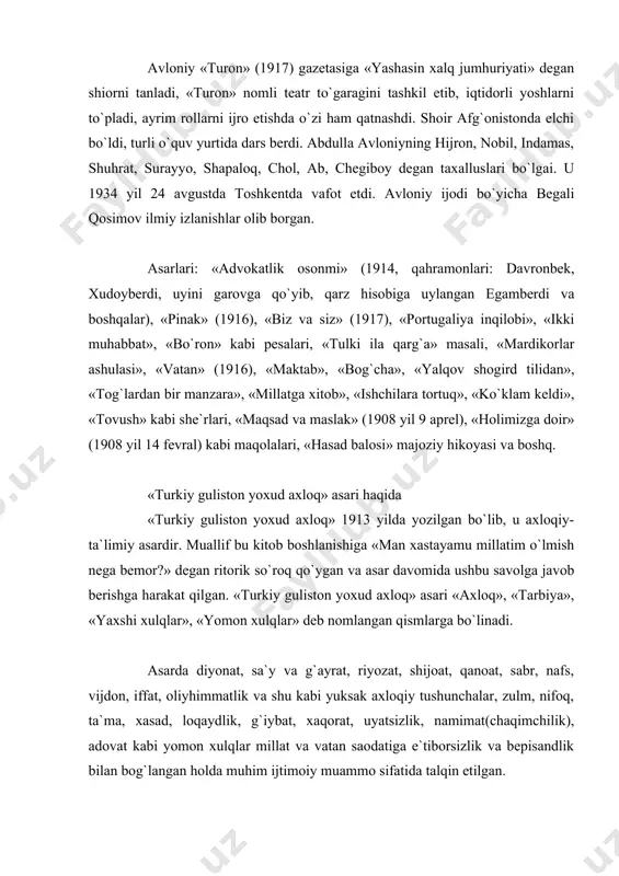 dumba sotub, chandir chaynaymiz. qaymoq berib, sut oshiymiz, non o`rniga kesak tishlaymiz!» degan fikrlar ulug` adib abdulla avloniy asr boshidayoq vatan ravnaqi, xalq saodati va millatga sodiq farzandlar tayyorlash zarurligi xususida nechog`lik chuqur va teran mushohada yuritganini ko`rsatib turibdi. bu - o`zlikni anglash, o`z qadrimizga yetish, istiqlolni qo`lga kiritish uchun aytilgan dadil va jasur fikrlar edi. abdulla avloniy shu asarida: «har bir millatning dunyoda borligini ko`rsatadurg`on oynai hayoti til va adabiyotidur. milliy tilni yo`qotmak millatnshng ruhini yo`qotmakdur», - deb ham qayg`uradi. kezi kelganda muallif hadislarga mo`l-mo`l murojaat etgan, qur`oni karimdagi ulug` falsafiy kalomlardan unumli foydalangan. ayniqsa iskandar, suqrot, arastu, aflotun, ibn sino, mavlono rumiy, shayx sa`diy kabi tarixiy shaxslar bilan bog`liq naqllar, ixcham rivoyatlar, hikoyalar asar jozibasiga joziba qo`shgan. аbdullа аvloniy o`zbek jаdid аdаbiyotining yirik nаmoyandаlаridаn biri bo`lib, хх аsr so`z sаn`аtimiz tаrаqqiyotigа o`zigа хos hissа qo`shgаndir. аbdullа аvloniy toshkentning mergаnchа mаhаllаsidа to`quvchi mirovlon аkа oilаsidа tug`ildi. mа`lum bir muddаtdаn …