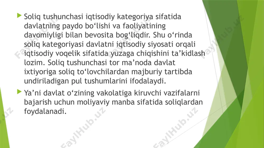 rni o‘zida aks ettiradi». s.h. gataulin «...soliqlar o‘zi nima va ular nimaga kerak», degan savolga quyidagicha javob beradi: «soliqlar — bu davlat sarf-xarajatlarining asosiy manbayi bo‘lib, iqtisodiyotni tartibga soluvchi va daromadlarni barqarorlashtiruvchi vositadir. o. olimjonovning fikriga ko‘ra: «soliqlar — davlat va jamiyatning pul mablag‘lariga bo‘lgan ehtiyojini qondirish maqsadida qonun tomonidan belgilab qo‘yilgan hajmda va o‘rnatilgan muddatda jismoniy va huquqiy shaxslardan davlat ixtiyoriga majburiy ravishda undirib olinadigan to‘lovlardir». soliqlar – soliq kodeksida belgilangan, muayyan miqdorlarda undiriladigan, muntazam, qaytarib berilmaydigan va beg‘araz xususiyatga ega bo‘lgan, byudjetga yo‘naltiriladigan majburiy pul to‘lovlari tushuniladi. soliq kodeksining 16-moddasiga ko‘ra soliqqa quidagicha ta’rif berilgan: soliq deganda ushbu kodeksda belgilangan, o’zbekiston respublikasining davlat byudjetiga yoki davlat maqsadli jamg‘armasiga to‘lanadigan majburiy beg‘araz to’lov tushuniladi. soliqlarning elementlari: – soliq solish obyekti; – soliq bazasi; – soliq stavkasi; – soliq davri; – soliqni hisoblab chiqarish tartibi; – soliq hisobotini taqdim etish tartibi; – soliq to‘lash tartibi. soliqlar quidagi funksiyalarni bajaradi : …