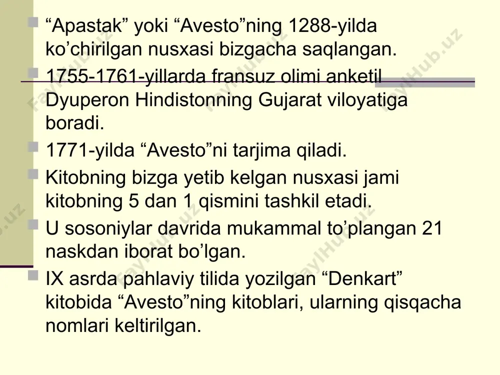 ng ma’lumotlariga ko’ra 70-yillarda hindistonda zardushtiylar federatsiyasi tuzilgan 1975-yilda torontoda zardushtiylarning i shimoliy amerika simpoziumi chaqirilgan. 1960-yilda tehronda, 1964-yilda va 1978-yilda bombeyda kongresslar o’tkazilgan. ii shimoliy amerika simpoziumi 1977- yilda chikagoda o’tkazilgan. p.tolstov tomonidan jonbosqal’a va tuproqqal’ada o’tkazilgan arxeologik tadqiqotlar natijasida turar joy qoldiqlaridan olovxonalarning topilishi zardushtiylik xorazmda tarqalganligini isbotladi. a.l.pogodinning fikriga ko’ra: o’zining yakkaxudoligidan ilhomlanib ketgan zardusht axloqiy poklikni targ’ib eta boshlaydi. avesto kitobi xudo va ilohiy kuchlarga bag’ishlangan bo’lsada, aslida u antik hayotning mazmunini o’zida ifodalagan.bu haqda m.gorkiy : “xudo u yoki bu sohada kishilarning ustozi va hamkori edi”- deb yozadi. avestoga ko’ra qadimgi xalqlarning totemi it bo’lgan. muqaddas o’simliklardan xaoma ichimligi bo’lib, bu ham xudo hisoblangan.bu o’simlik persenomda o’sgan. avestoda insonning o’limiga sababchi bo’lgan kuch “atravan” deb atalgan, eronliklar uni “magiya” deb ataganlar. ossuariy xaoma ichimligini ichish payti o’qiladigan duo avestoda jamiyatning to’rt toifasi ajratiladi: kohinlar,jangchilar,chorvadorlar,hunarmandlar. aholi joylashgan dunyoni zardushtiylar 7 ta tabiiy qismlarga bo’lganlar.dunyo tarixi 12 …