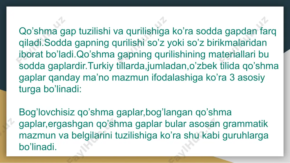boshidan so’ng keladi.bunday vaqtda yozuvda ergash gap bosh gapdan vergul bilan ajratiladi.shart bog’lovchilari gap boshida keladi .ergash gap kesimi shart mayli fellari bilan ifodalanadi.bunday ergash gaplar bosh gapdan oldin keladi.misol: agar chiroq o’tiga bir tomchi suv tomsa,undan yorug’likdan qo’lingni yuvib qo’ya ber. (hayrat-ul abror) ko’makchili qurilmalar yordamida ergashgan qo’shma gaplar bosh gapda ifodalangan mazmunning sababini bildiruvchi ergash gaplar bosh gapga shuning uchun, shu sababli ,shu tufayli singari ko’makchili qurilmalar vositasida bog’lanadi. misol:bulbul uning alamidan diqqat,shu tufayli gul to’ni parchalari ham yerni qoplab yotadi. (hayrat-ul abror) “deb” so’zi yordamida ergashgan qo’shma gaplar bosh gapda ifodalangan mazmunnning maqsadini,sababini bildiruvchi ergash gaplar bosh gapga ko’pincha “deb” so’zi yorda-mida bog’lanadi.misol : 1.boshiga taqib olgan parilarni boyqush uzib olgan bo’lsa ham,tovus toji deb da’vo qiladi. (hayrat -ul abror) ko’rsatkich olmoshili ergashgan qo’shma gap bosh gap tarkibidagi ko’rsatish olmoshi ma’nosi izohlash uchun qo’llangan ergash gaplar bosh gapga -ki, yuklamasi yordamida bog’lanadi.misol:1. shunday yurish qilginki, sipoh cheksang …