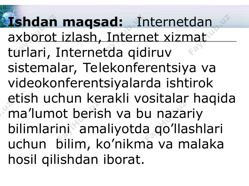 yidagi turlari mavjud: - umumiy bog'lam; - aylana; - yulduzsimon. internet global tarmoq 7 internet global tarmoq global kompyuter tarmoqlari turli mamlakatlarda turli qit'alarda joylashgan obonentlarni birlashtiradi. obonentlar orasida aloqa bunday tarmoqlarda telefon aloqa liniyalarida, radio aloqa, sputnik aloqa tizimlari asosida amalga oshiriladi. mintaqaviy kompyuter tarmoqlari bir-biridan ancha uzoqda joylashgan biror bir mintaqaga tegishli obonentlarni birlashtiradi. misol: biror shahar ichidagi yoki iqtisodiy regionda yoki alohida bir mamlakatda joylashgan obonentlarni birlashtiruvchi tarmoq. internet global tarmoq 9 internet global tarmoq global, mintaqaviy va lokal tarmoqlarning birlashmasi ko'p tarmoqli iyerarxiyani tashkil etish imkonini beradi. misol: internet kompyuter tarmoqlari keng tarqalgan ommaviylashgan kompyuter tarmog'idir. uning tarkibiga erkin ravishda birlashgan tarmoq kiradi. uning nomini o'zi "tarmoqlar orasida" ma'nosini bildiradi. shuning uchun u katta imkoniyatlarga ega. internet alohida tarmoqlarni birlashtirgan. internetning asosiy yacheykasini maxalliy kompyuter tarmoqlari tashkil etadi. internet global tarmoq 10 internet global tarmoq 11 internet global tarmoq hisobot topshirishda tadbirkorlikda aholi ehtiyojini qondirishda tibbiyotda …