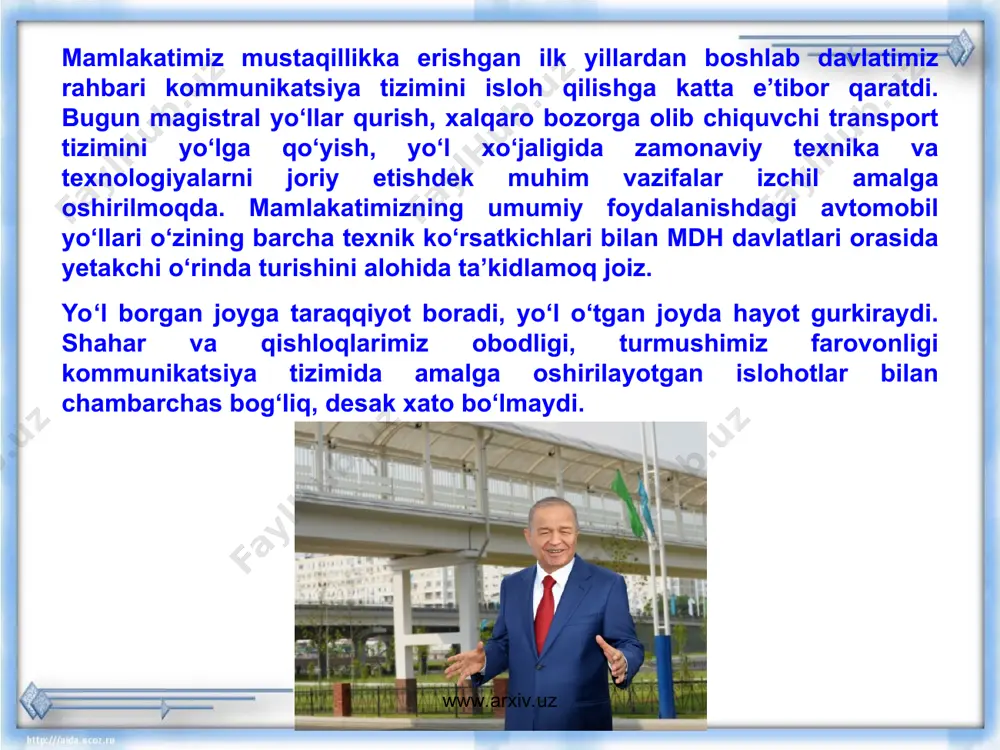 i misolidan yaqqol namoyon bo‘ladi. www.arxiv.uz www.arxiv.uz www.arxiv.uz www.arxiv.uz ko‘prik bilan tanishuv chog‘ida prezidentimiz islom karimov toshkentning mamlakatimiz siyosiy, iqtisodiy-ijtimoiy va ma’naviy hayotidagi o‘rni, mavqei, ahamiyati haqida to‘xtalib, poytaxtda kichik halqa yo‘lini qurish g‘oyasini ilgari surdi. 2001 yil 14 noyabrda o‘zbekiston respublikasi vazirlar mahkamasining kichik halqa yo‘lini bunyod etish to‘g‘risidagi qarori e’lon qilindi. o‘sha yili kichik halqa yo‘lining dastlabki bosqichi foydalanishga topshirildi – eni 32 metrlik zamonaviy yo‘l bunyod etildi. yo‘lsozlar qisqa vaqtda 7,5 kilometr masofadagi qurilish ishlarini a’lo darajada bajarib, magistralning eng muhim qismi – uchta ko‘prikni barpo etdilar. buyuk ipak yo‘li, parkent va pushkin ko‘chalarida qad rostlagan bu inshootlar kichik halqa yo‘lining davomiyligini ta’minladi. www.arxiv.uz www.arxiv.uz transport qatnovini yanada takomillashtirish maqsadida barpo etilgan kichik halqa yo‘lining poytaxtimiz ijtimoiy-iqtisodiy hayotidagi ahamiyati beqiyosdir. keyingi yillarda kundan-kun chiroy ochib borayotgan toshkent ko‘chalarida avtomobillar soni keskin ko‘paymoqda. bu yo‘lsozlikda o‘ziga xos muammolarni keltirib chiqardi. parij, moskva, qohira, tehron singari yirik shaharlar yo‘llarida …