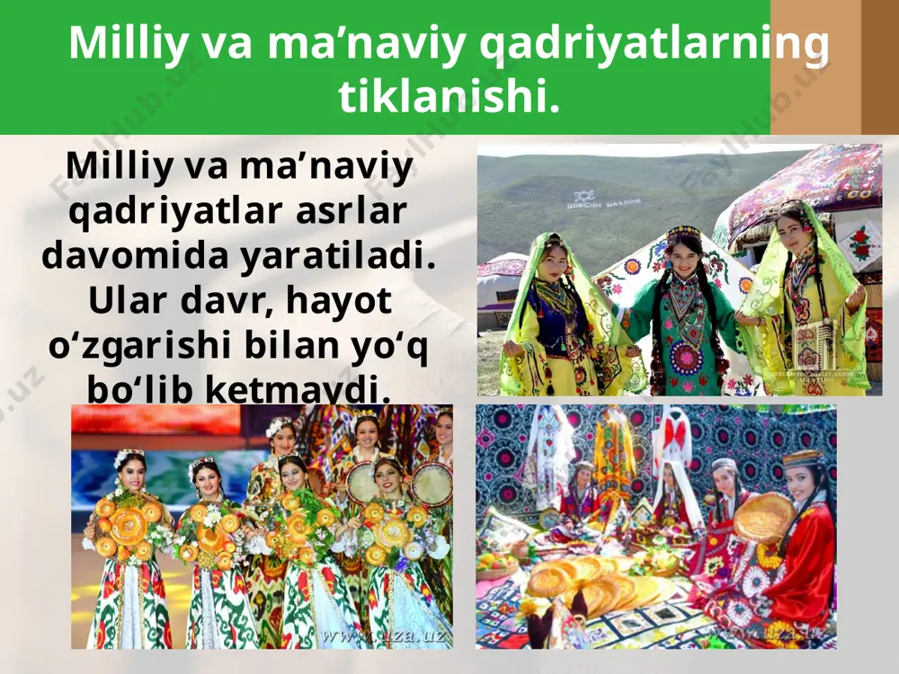 tib kelishgan. shu tariqa turli diniy e’tiqodlarga amal qiluvchi mamlakatimiz fuqarolari o‘rtasida diniy bag‘rikenglik yanada mustahkamlandi. toshkentdagi rus pravoslav cherkovi. savol va topshiriqlar 1. «qadriyat» so‘zining ma’nosiga izoh bering. nega qadriyatlarni tiklash zarur edi? 2. o‘zbekistonda o‘zbek xalqining asriy qadriyatlari tiklanganligiga dalillar keltiring. 3. buyuk bobolarimiz qutlug‘ nomlarining tiklanishi haqida nimalarni bilib oldingiz? 4. millatlararo totuvlik qanday ta’minlandi? 5. «diniy bag‘rikenglik» tushunchasiga ta’rif bering. o‘zbekistonda diniy bag‘rikenglikni mustahkamlash borasida qanday ishlar amalga oshirildi? image2.jpg image3.jpeg image4.jpeg image5.jpeg image6.jpeg image7.jpeg image8.jpeg image9.jpeg image10.jpeg image11.jpeg image12.jpeg image13.jpeg image14.jpeg image15.jpeg image16.jpeg image17.jpeg image18.png image19.emf image1.jpg