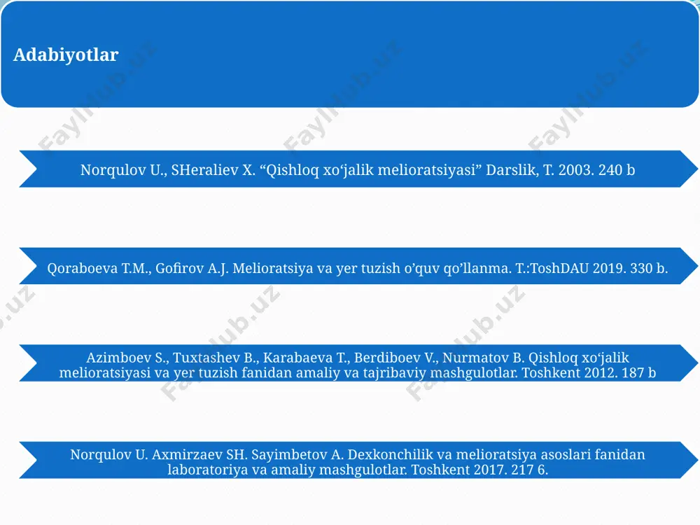 da tuz to‘planish sakllari 4) yer osti suvlarining bug‘lanishidan tuz to‘planishi 5) antropogen tuz to‘planishi quruqlikda tuz to‘planish sikllari, ya’ni materiklarning ichki qismlaridagi berk o‘lkalarda tuzlarning bir joydan ikkinchi joyga borib to‘planishi. dengiz yaqinida tuz to‘planish saikllari, ya’ni dengiz sohillarida va sayoz suvli ko‘ltiq qirg‘oqlarida dengiz suvlarining to‘planishi deltalarda tuz to‘planish sakllari, ya’ni daryo suvlarining quruqlikdan olib keladigan tuzlari hamda turli vaqtlarda dengiz tomonidan keladigan tuzlar yer osti suvlarining bug‘lanishidan tuz to‘planishi, bunda erning chuqur qatlamlaridagi sho‘r suvlarni tektonik yoriqlar orqali er yuzasiga chiqishi va bug‘lanishi. antropogen tuz to‘planishi, yani sho‘r erlarni meyoridan ortiqcha sug‘orish, sug‘orish tarmoqlaridan filtrlanayotgan suvlar evaziga minerallashgan sizot suvlarining ko‘tarilishidan hamda sho‘r suvlar bilan ekinlarni sug‘orish oqibatida to‘planayotgan tuzlar shu bilan birga ekinlarga meyoridan ortiqcha mineral o‘g‘itlarni solinganda ham tuproqda tuzlar ko‘payadi tuzlarning tarqalishida katta rol o‘ynaydi yer usti suvlari yer osti suvlari sizot suvlari shamol 2.minerallashgan sizot suvlari va ularning tuproq sho‘rlanishidagi roli. sizot suvlarida …